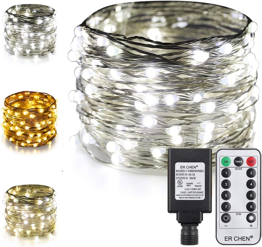 ER CHEN Dual Color Plug in Fairy Lights, 33ft 100 LED Silver Copper Wire Christmas String Lights Color Changing Dimmable 8 Modes with Remote Timer for Indoor Outdoor Decor (Warm White & Cool White)