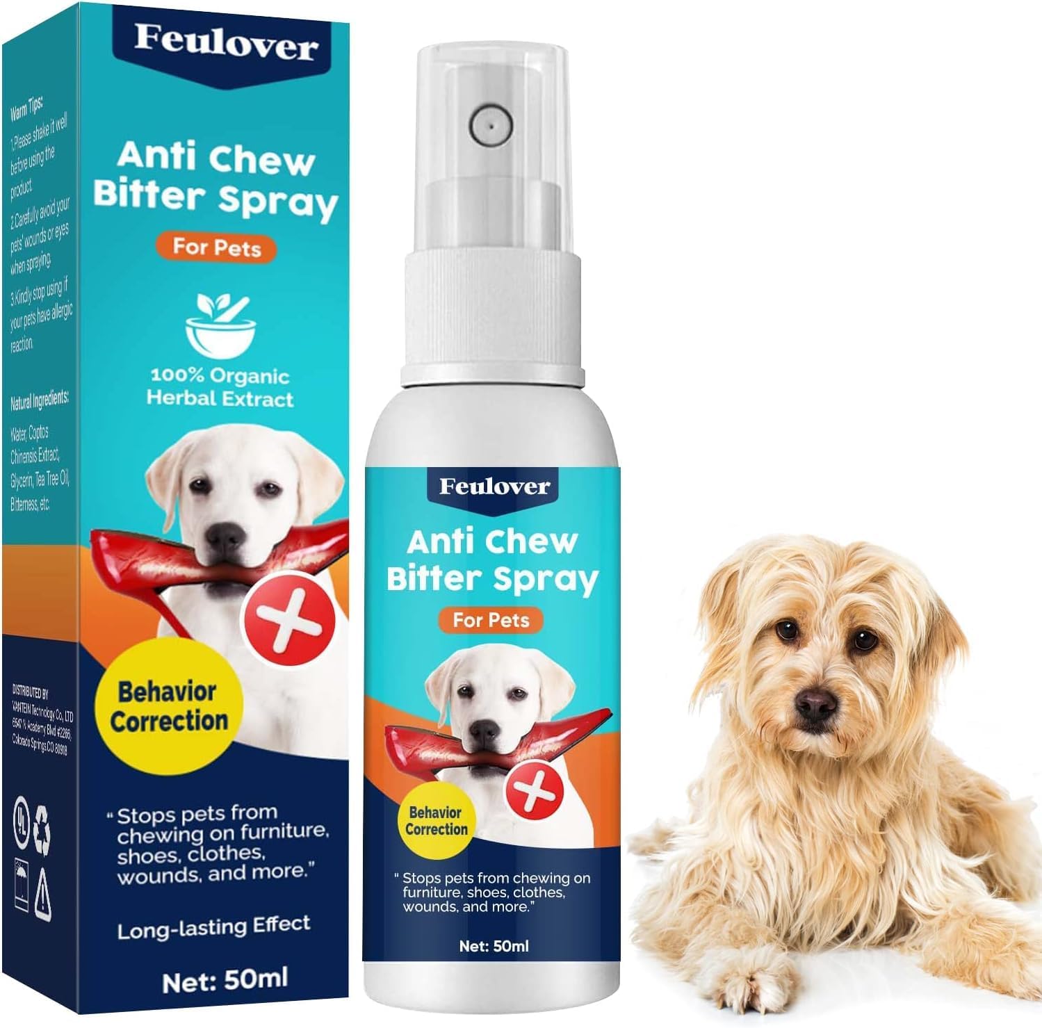 Bitter Spray for Dog to Stop Chewing, No Chew Spray for Dogs, Safe Ingredients, Correct Bad Behaviors for Pets, Protect Your Furniture, 50ml