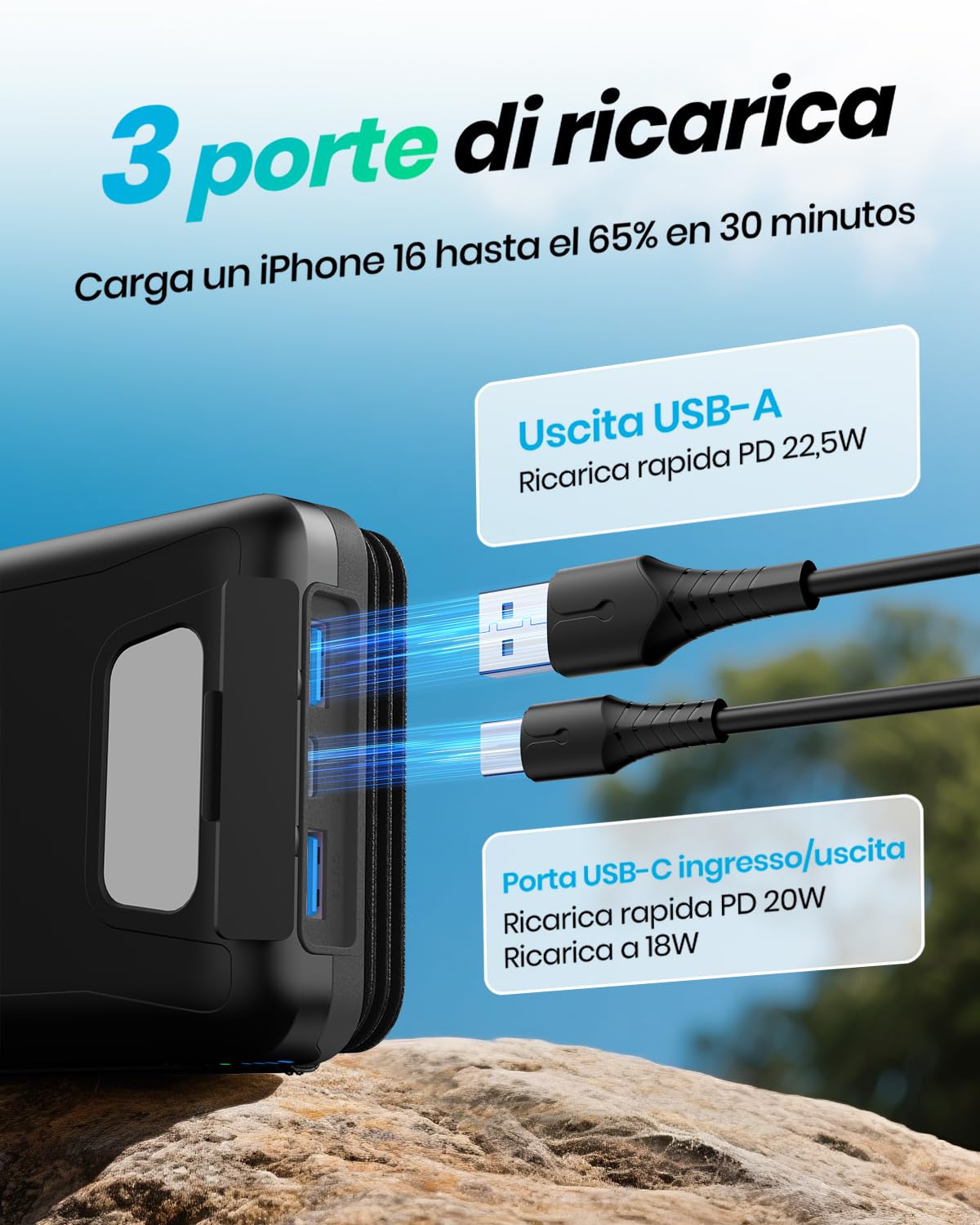 Cargador Solar 20000 mAh - A ADDTOP Batería Externa Solar Carga rápida 3 Salidas con 4 Paneles solares Plegables Cargador portátil para teléfonos móviles, iPhone 17 16 15 14 13 12 11 tabletas Negro