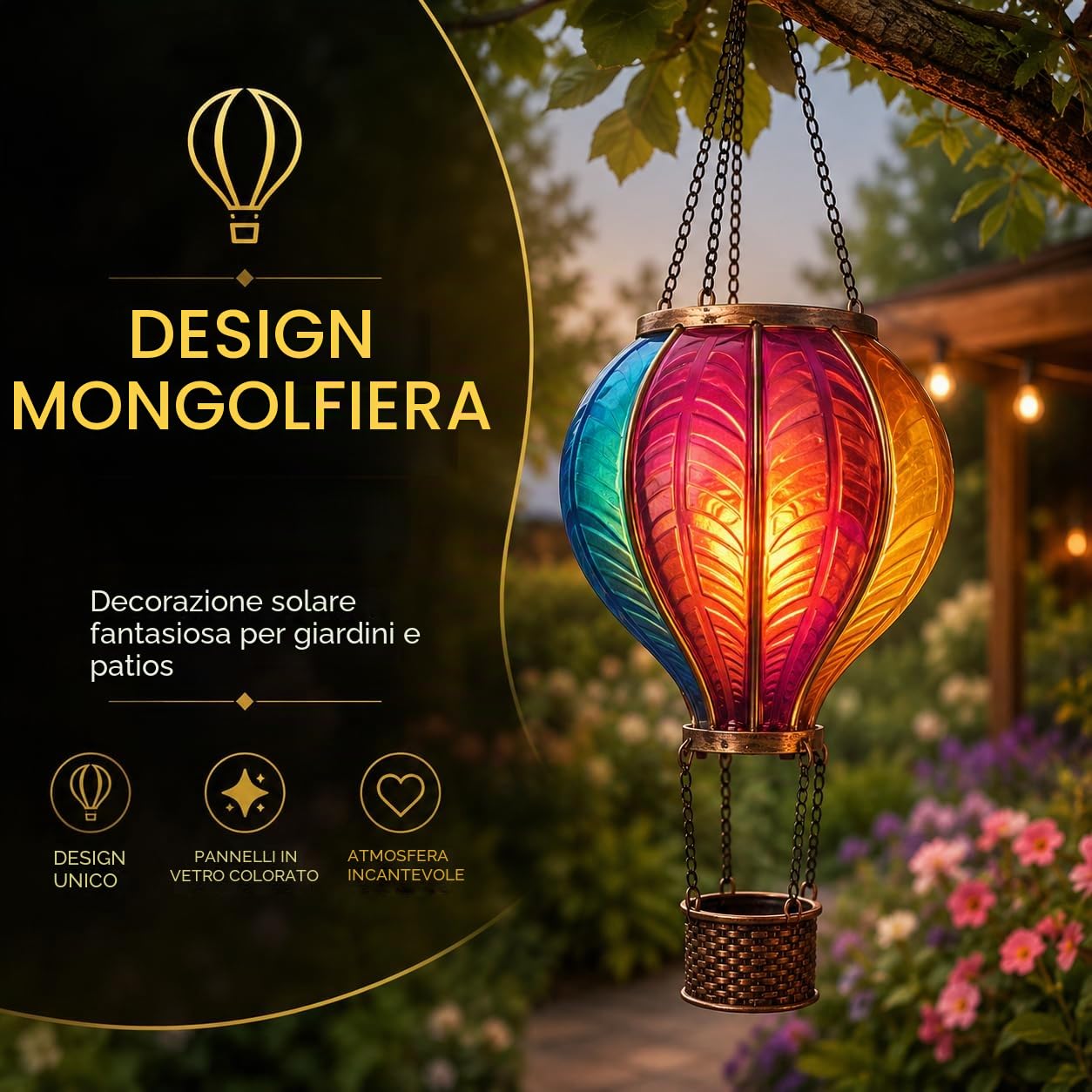 Festive Lights 44 cm, palloncino ad aria calda, lampada solare per esterni, mongolfiera, effetto vetro, lanterna a energia solare, lampada da giardino colorata per esterni