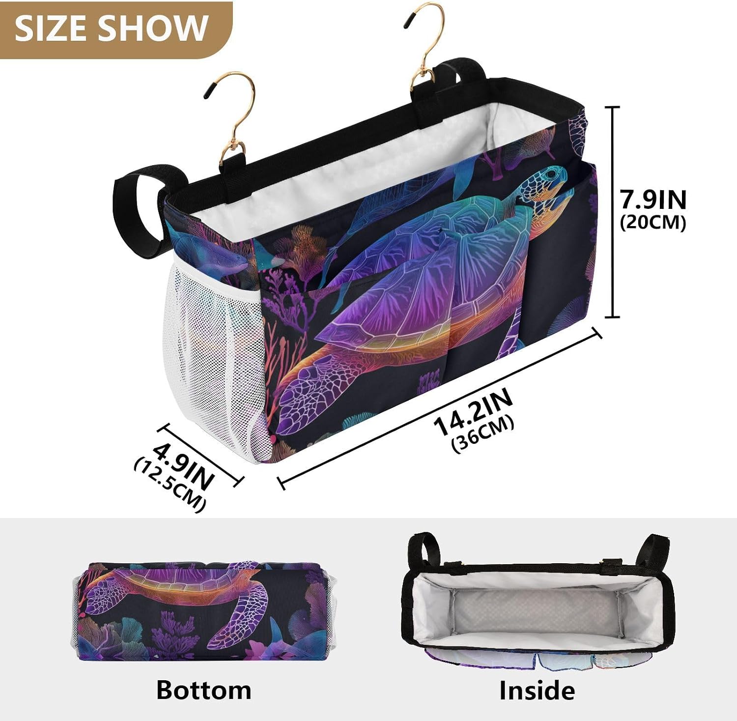 Colorful Gradient Turtle Fish and Coral Bedside Caddy for Dorm Bed Bedside Hanging Caddy Bag Iron Frame Storage Organizer Pocket for Bunk Home College Hospital Beds 2 Hooks image 4