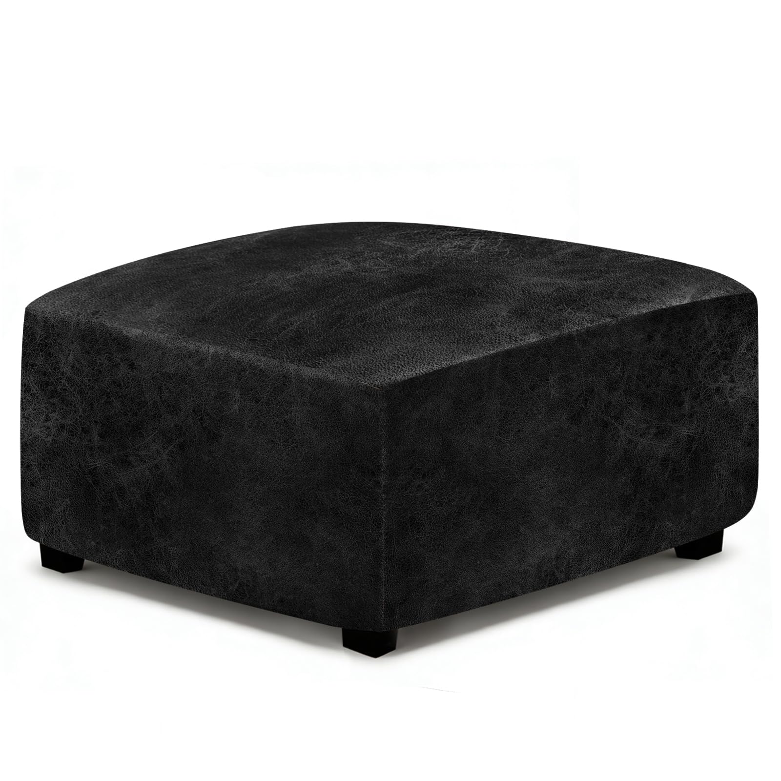 ANARACHON Leather Like Ottoman Cover, Stretch Small Square Ottoman Covers, Rectangular Ottoman Slipcovers with Removable Washable Non-Slip Elastic Bottom for Footstools (02 Black, XX-Large)