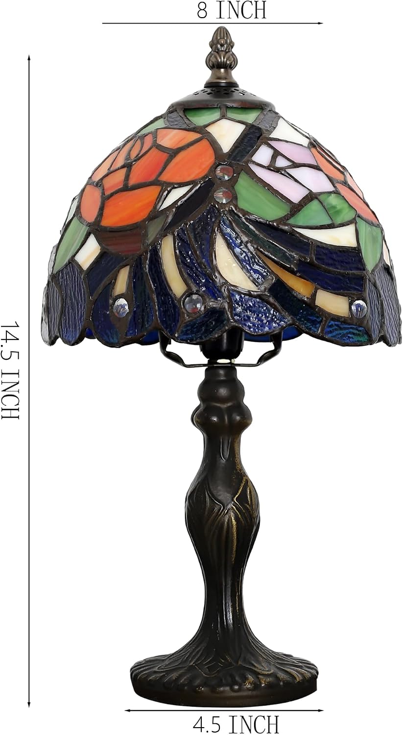 Tiffany Style Lamp Stained Glass Table Lamp 8" x 14.5" Mini Accent Light Pink Red Rose Feather Design Small Decorative Bedside Bedroom Living Room Memory Lamp