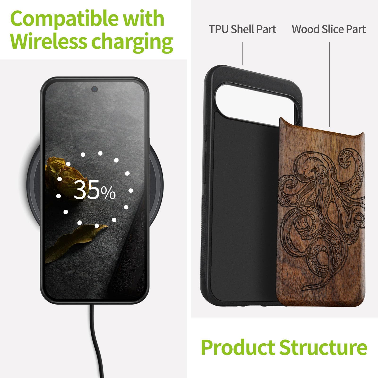 Carveit Wood Case for Google Pixel 9 Pro XL, Natural Wood & Black Soft TPU, Shockproof Protective Cover, Unique Wooden Case - Image 4