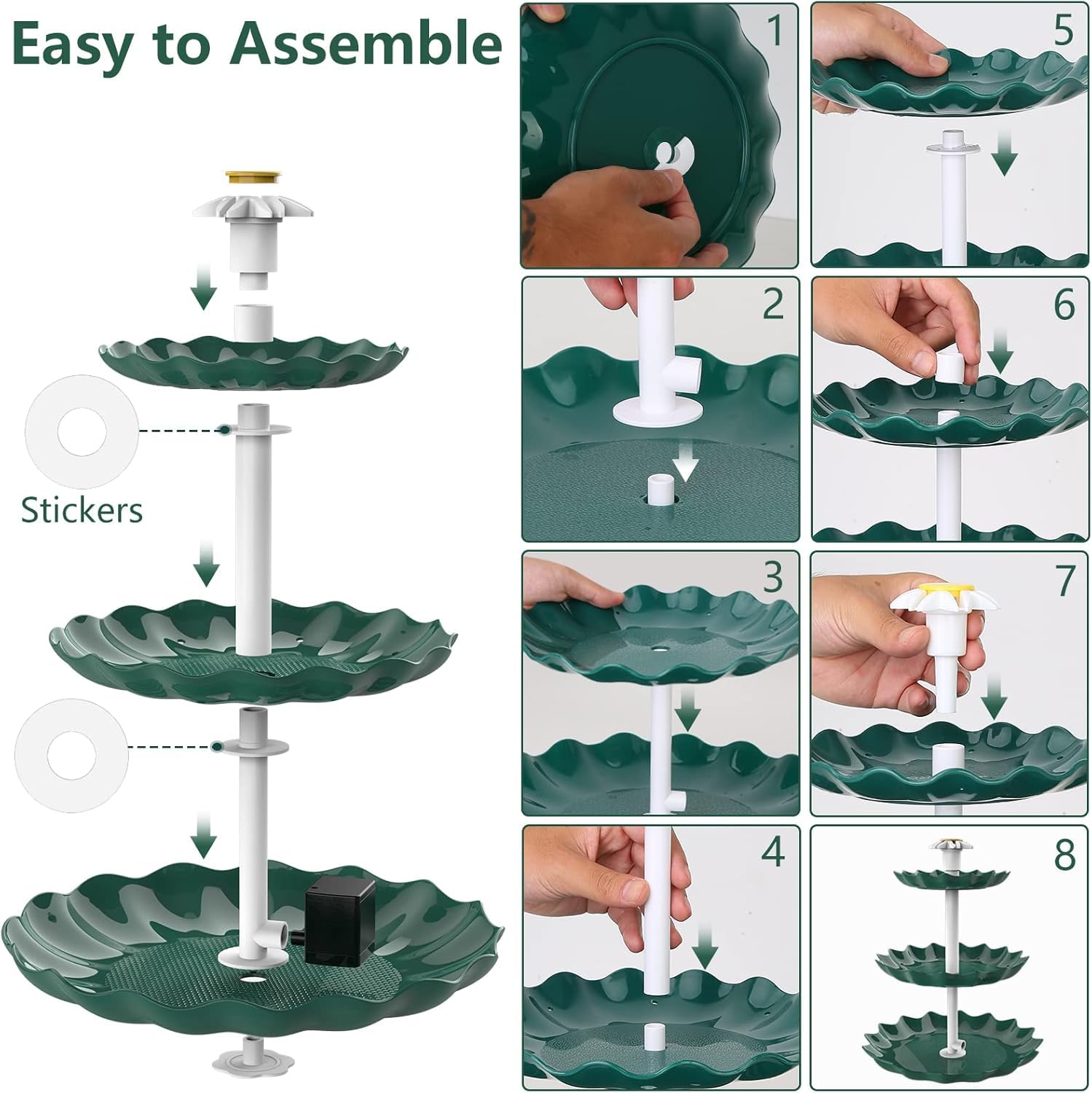 AISITIN DIY Brunnen,Vogeltränke Sets mit 3,5W Solar Springbrunnen, 3 Stufige Vogelfütterer für Draußen,Vogelbad und DIY Solarbrunnen Abnehmbar und Geeignet für Garten,Wasserspiel(Dunkelgrün)