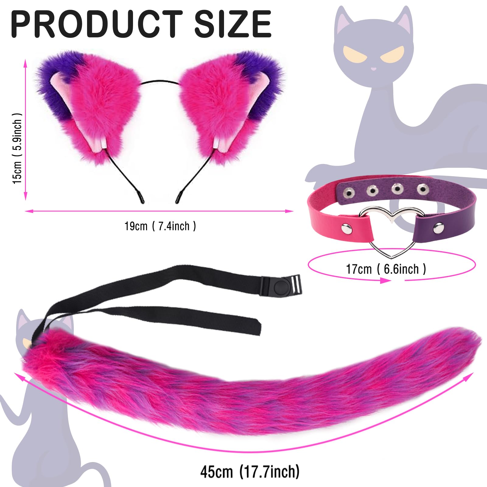 KMLGY 3 PCS Pink and Purple Striped Cat Costume for Women Halloween Cosplay Accessories Cat Ears, Furry Tail - Image 2