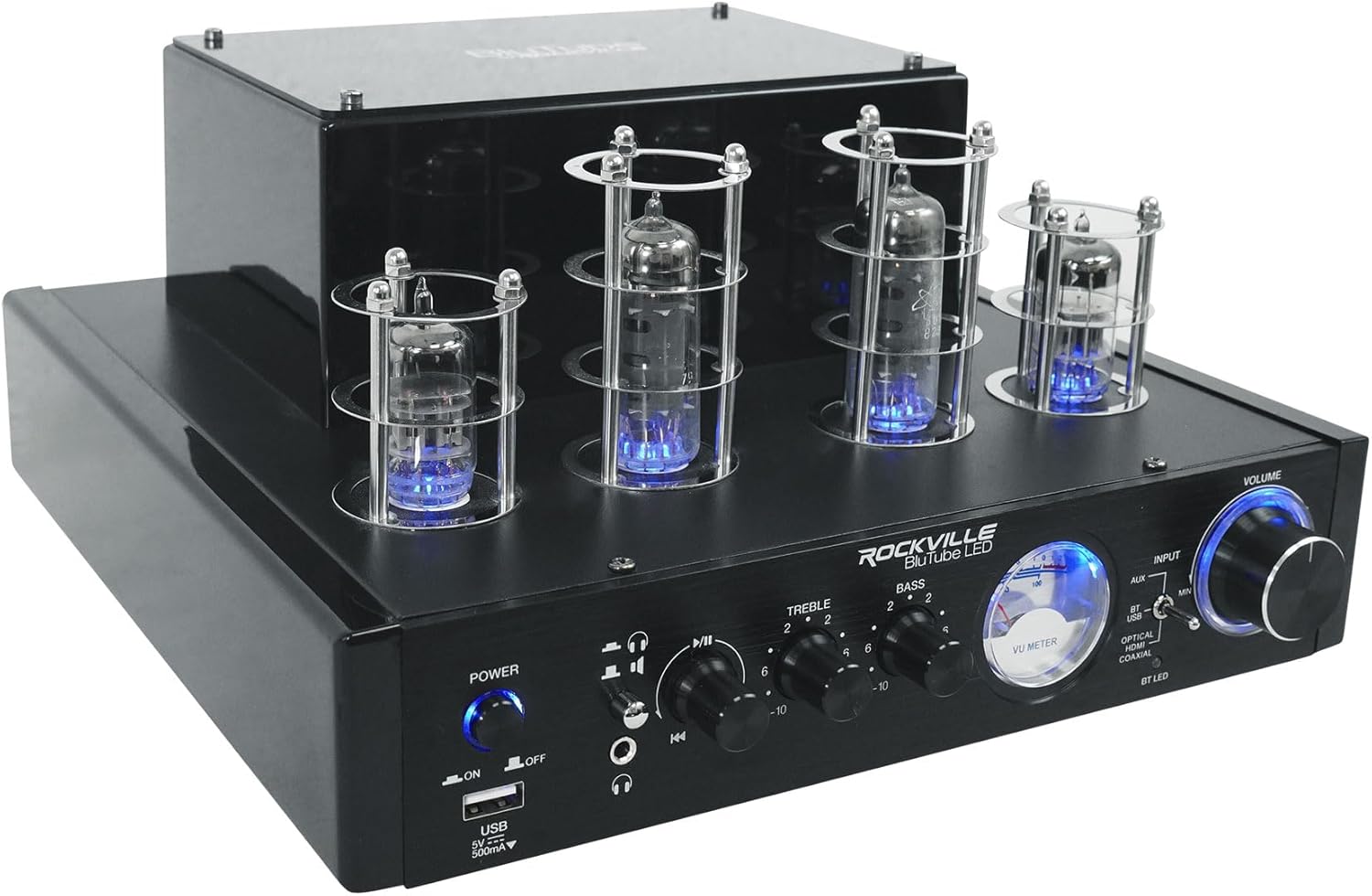 Rockville Bundle: (1) BluTube LED 70w Bluetooth Tube Amplifier/Home Stereo Receiver in Black Bundle with (4) HC655-16 6.5" 500 Watt in-Ceiling Home Theater Speakers (5 Items)