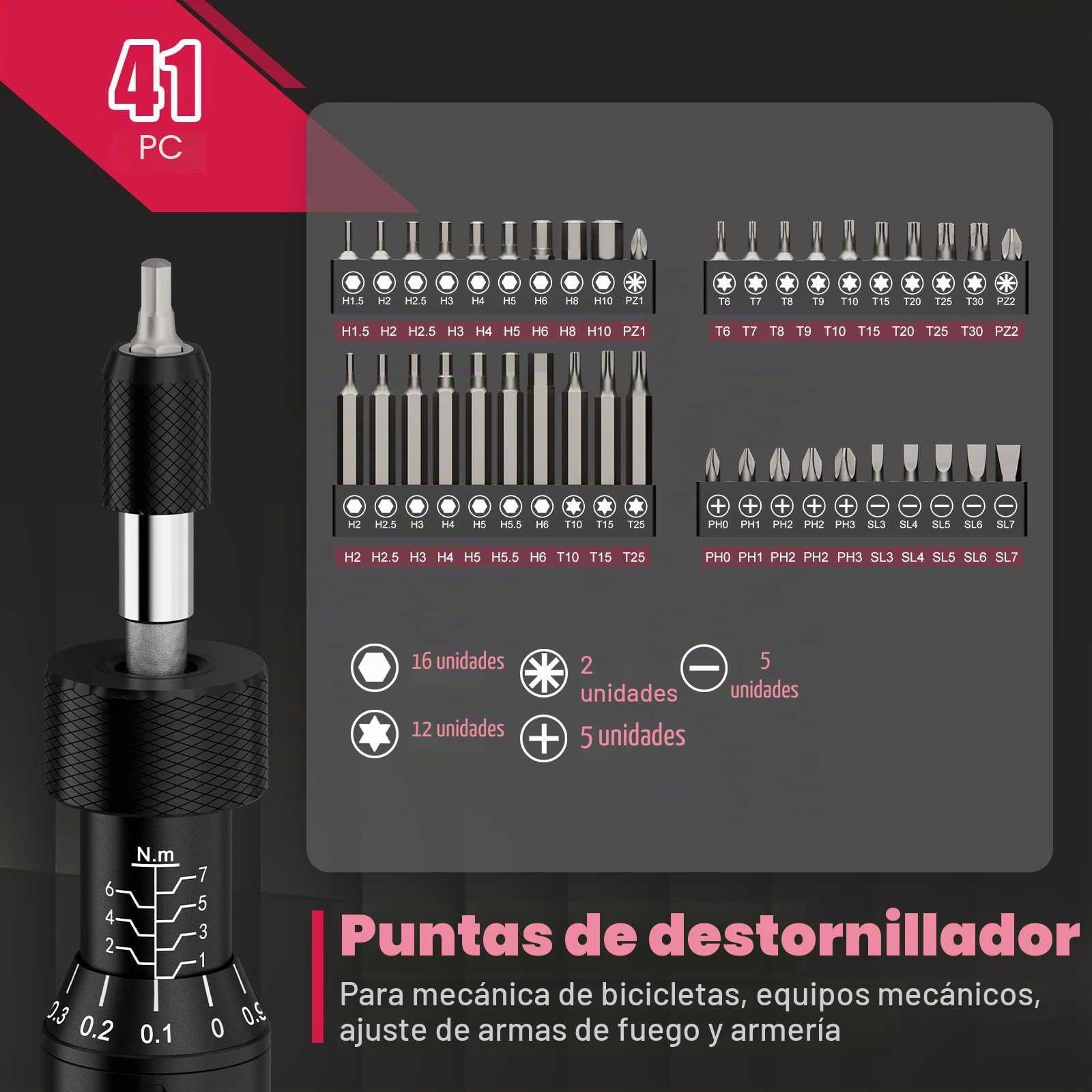 Destornillador Dinamométrico, 1-7Nm, 41 Piezas Juego de Brocas de Destornillador Dinamométrico, 1/4" Llave Dinamométrica para Bicicletas