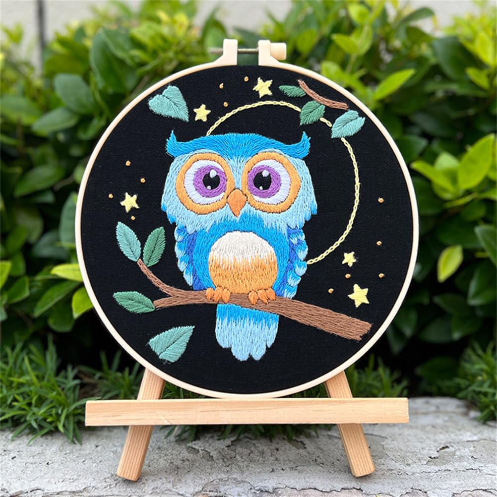 Meecaa Owl Animal Branch Leaves Embroidery Kit Starter Set, Hand Embroidery Set,Pattern Printed Cross Stitch Set For Beginner Adults, With Embroidery Hoop And Instructions (Owl)