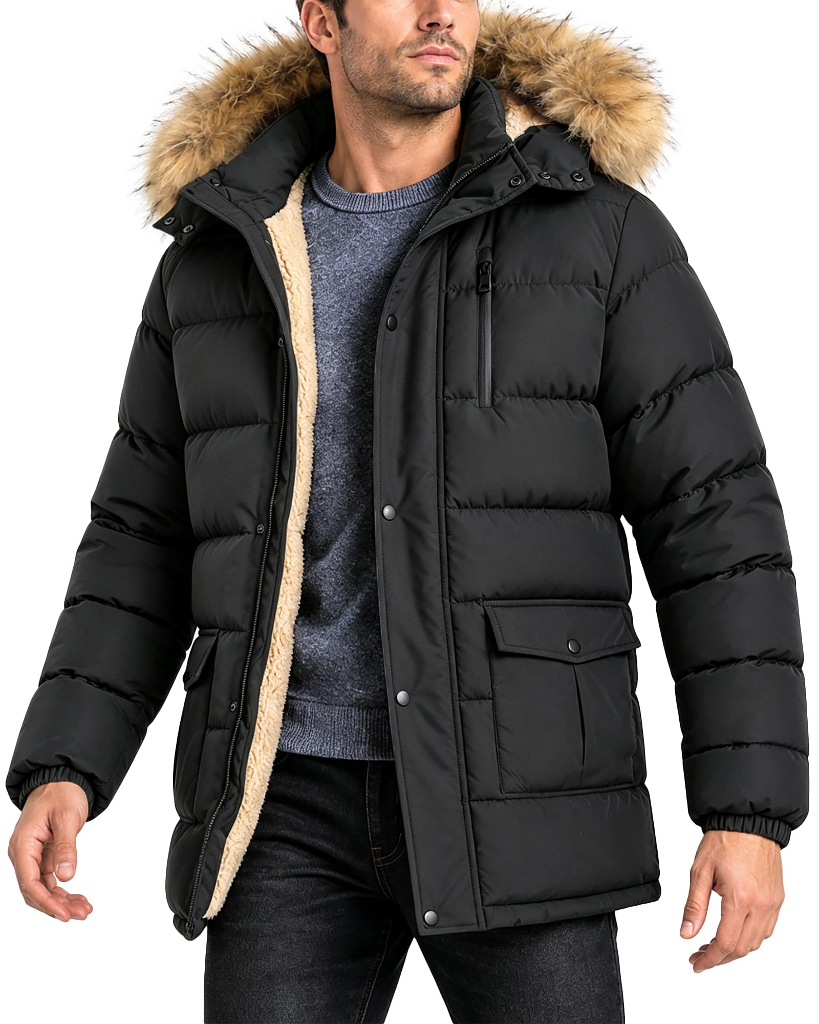ZITY Men's Winter Jacket Thicken Sherpa Lined Fleece Parka Long Outerwear Fur Coats Water-Resistant Windproof Hooded Jackets