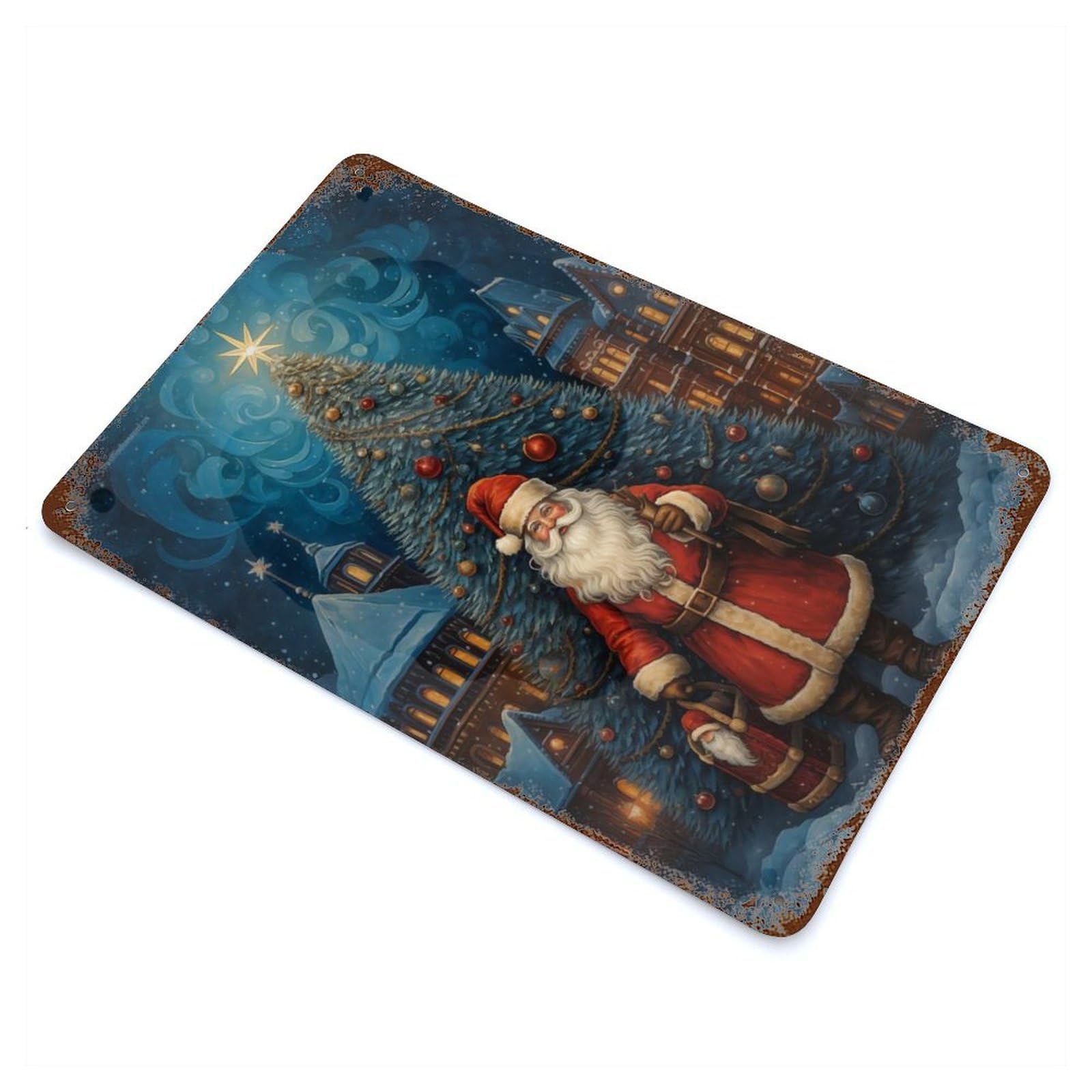 Happy Xmas Santa Claus 11.8"x7.9" Aged Metal Wall Plaque, Novelty Wall Decor for Garage, Bar And Workshop Decor