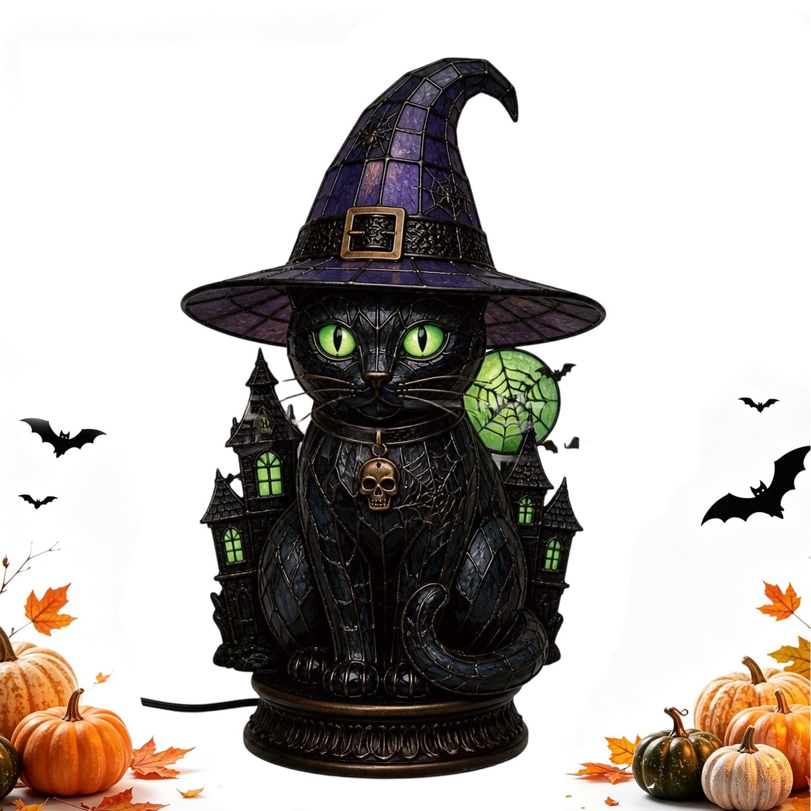 Stained Glass Halloween Pumpkin Table Lamp, Witches Hat Lamp