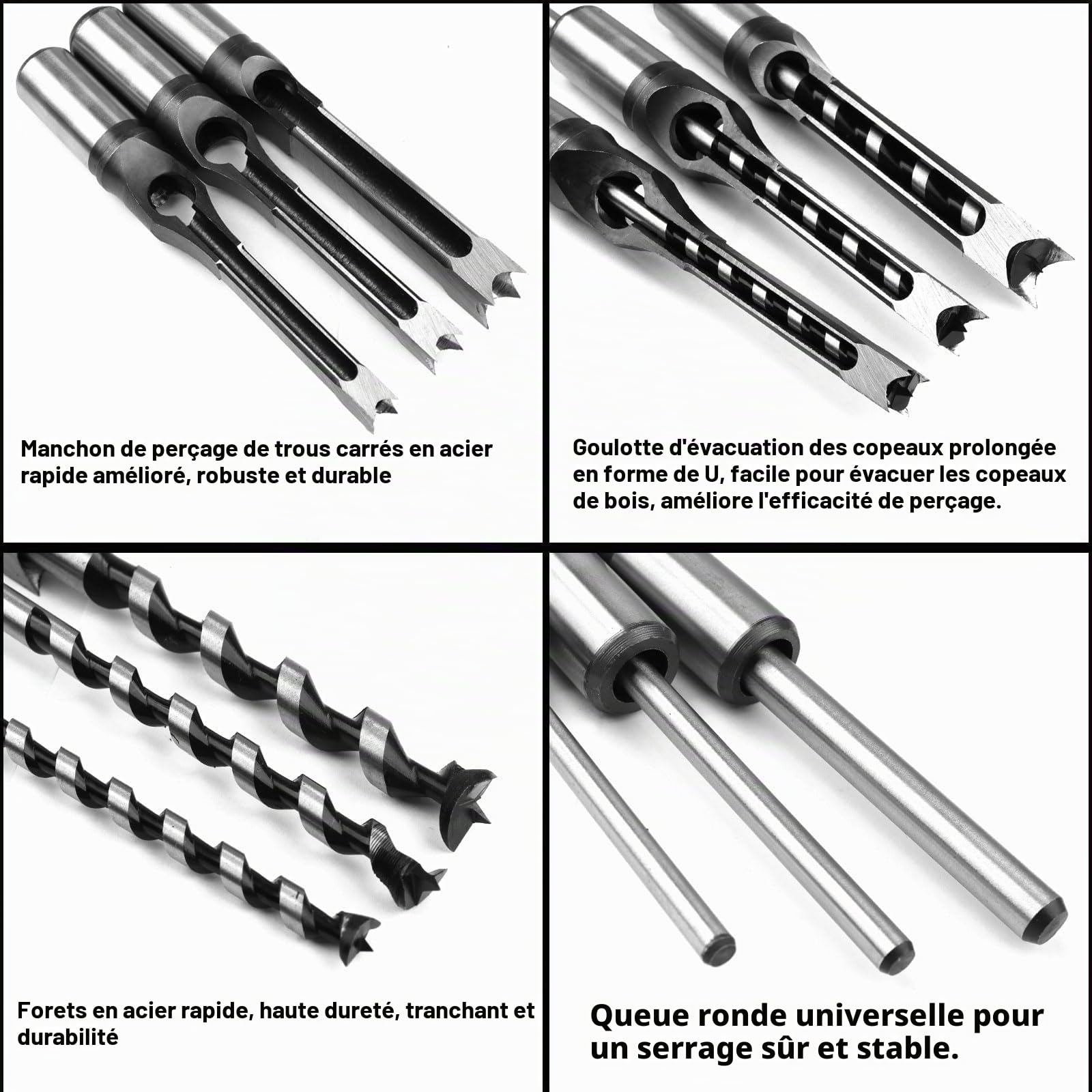 ATOPLEE Lot de 3 forets carrés pour bois HSS - Pour le travail du bois - Diamètre du trou : 8 mm - 9,5 mm - 12.5mm (toutes les tailles)