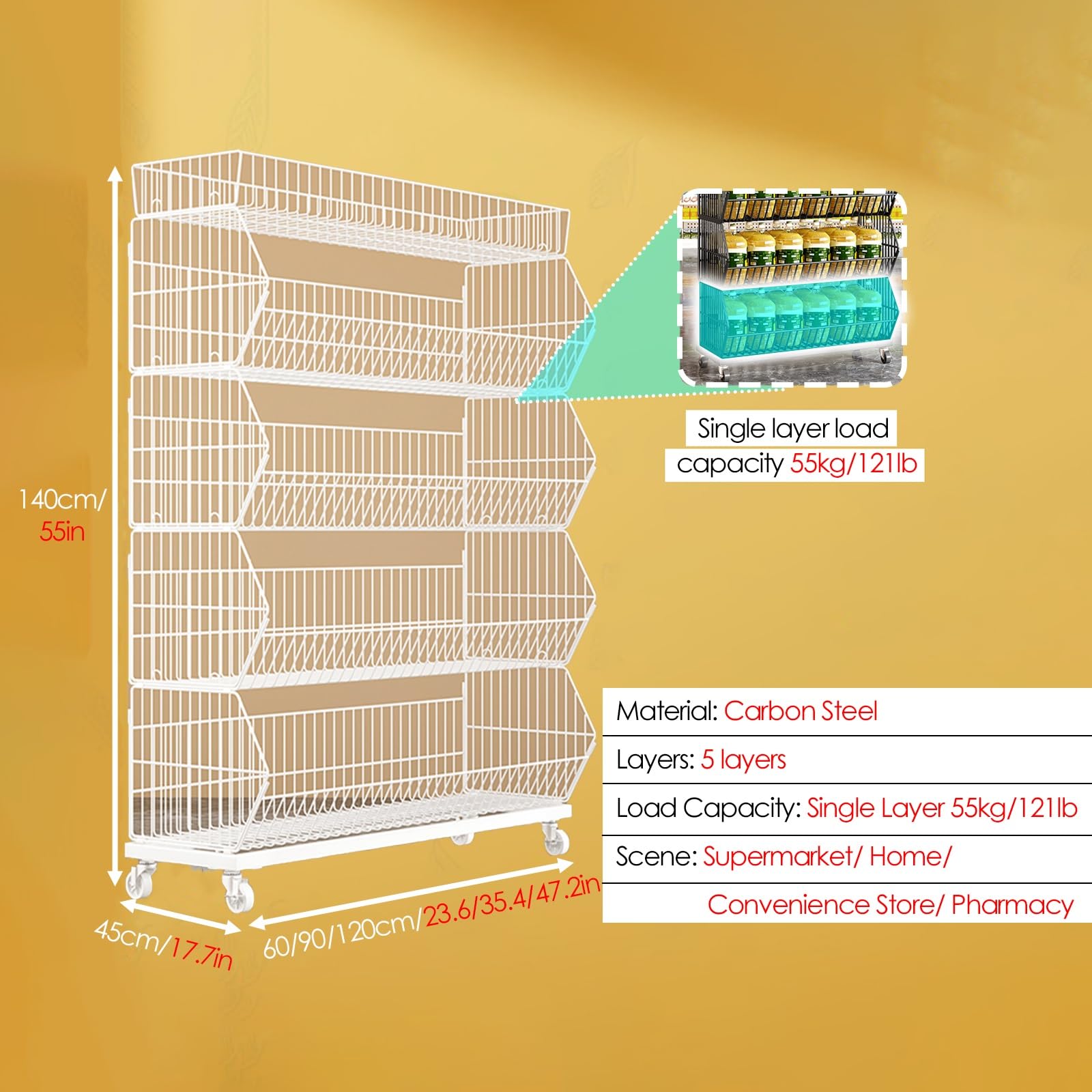 UWYTGF Snack Display for Counter,Supermarket Retail Kitchen Display Stand for Sweets Potato Chip Drinks Grocery,Fruit Vegetable Storage Rack,H140Cm/55In,L120Cm(47.2In)