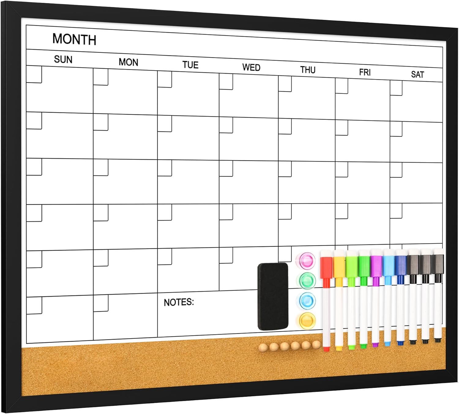 Large Monthly Whiteboard Calendar with Cork for Wall, 24" x 18" Dry Erase Board with Wooden Framed, Hanging Dry Erase Calendar for Home, Office, School Black 18"W x 24"H