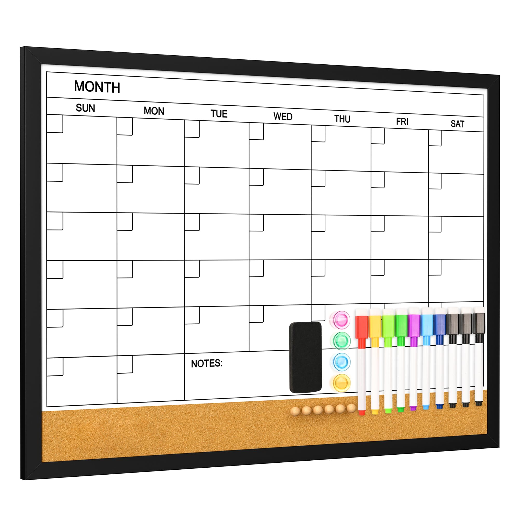 dry erase calendar cork board combo, 24 x 18 inches monthly calendar whiteboard for wall, magnetic white board with wood framed, hanging dry erase board for kitchen home office school planner