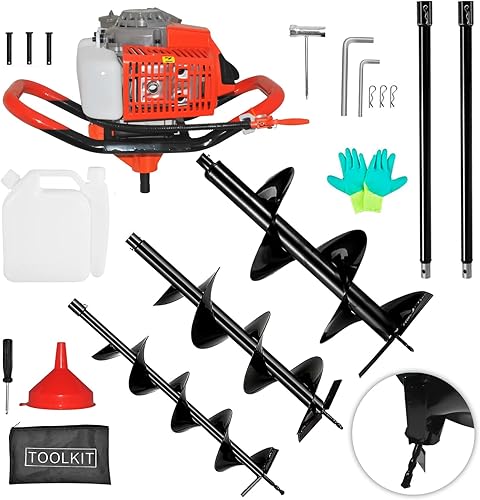 SICAN Excavadora de agujeros para postes, excavadora de agujeros de poste de 2 tiempos de 62 CC, excavadora de tierra a gas, 2 brocas de taladro (3