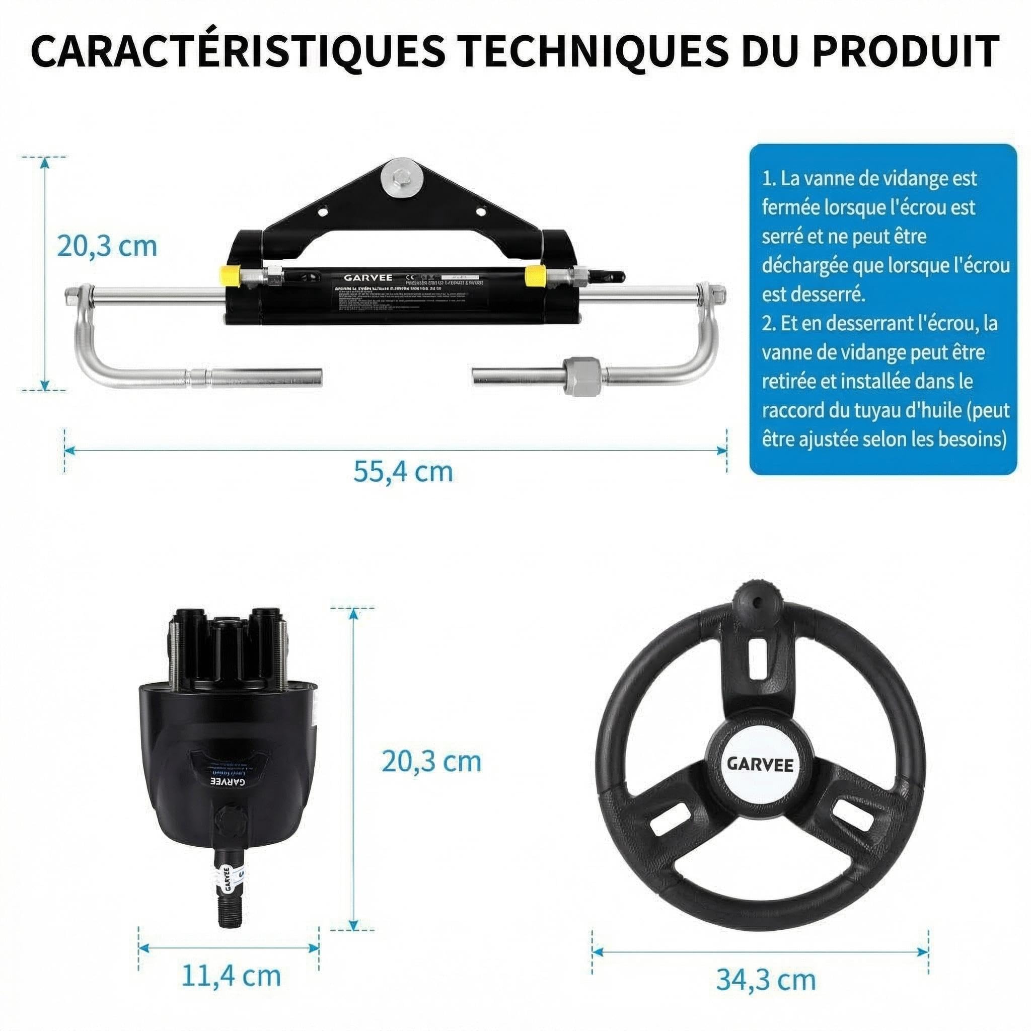 Garvee Kit de direction hydraulique supérieur pour bateau – 150CV, système bidirectionnel, volant inclus 13,5 Pouces, tuyaux nylon 2x26 Pied, aluminium marin