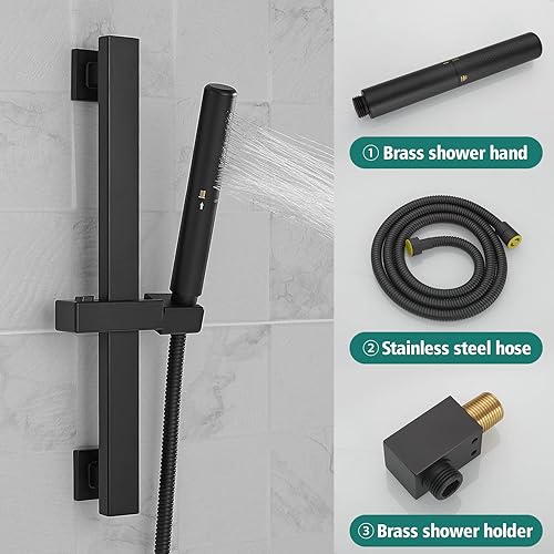 Miniatura 8 de Hoimpro Sistema de ducha negro mate de 12 pulgadas con barra deslizante ajustable, cabezal de ducha de lluvia cuadrado y varita montado en la pared,
