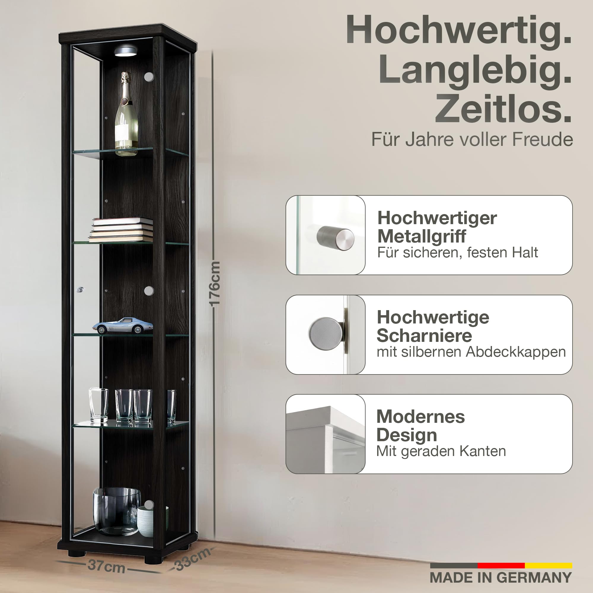 Glasvitrine Stehend (176x37x33cm) - Made in Germany - Vitrinenschrank Schwarz mit 4 höhenverstellbaren Glasböden & LED - Vitrine Glas stehend - Glasschrank - Display Cabinet