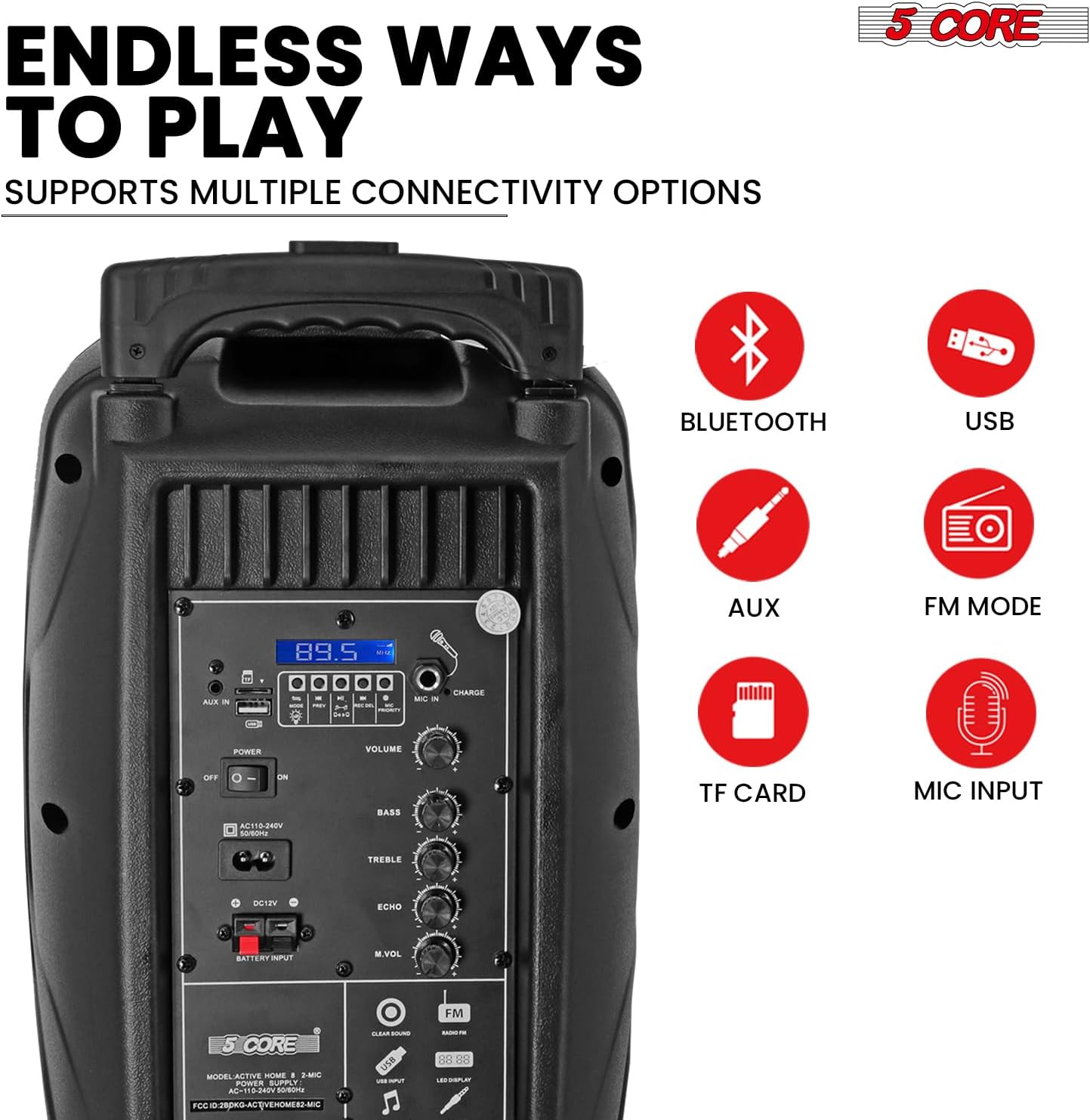 5 Core Bluetooth Party Speaker with Microphone 250 Watt Loud DJ PA System Portable Rechargeable Outdoor Karaoke System w Two Wireless Mics - Active Home 8 2-MIC