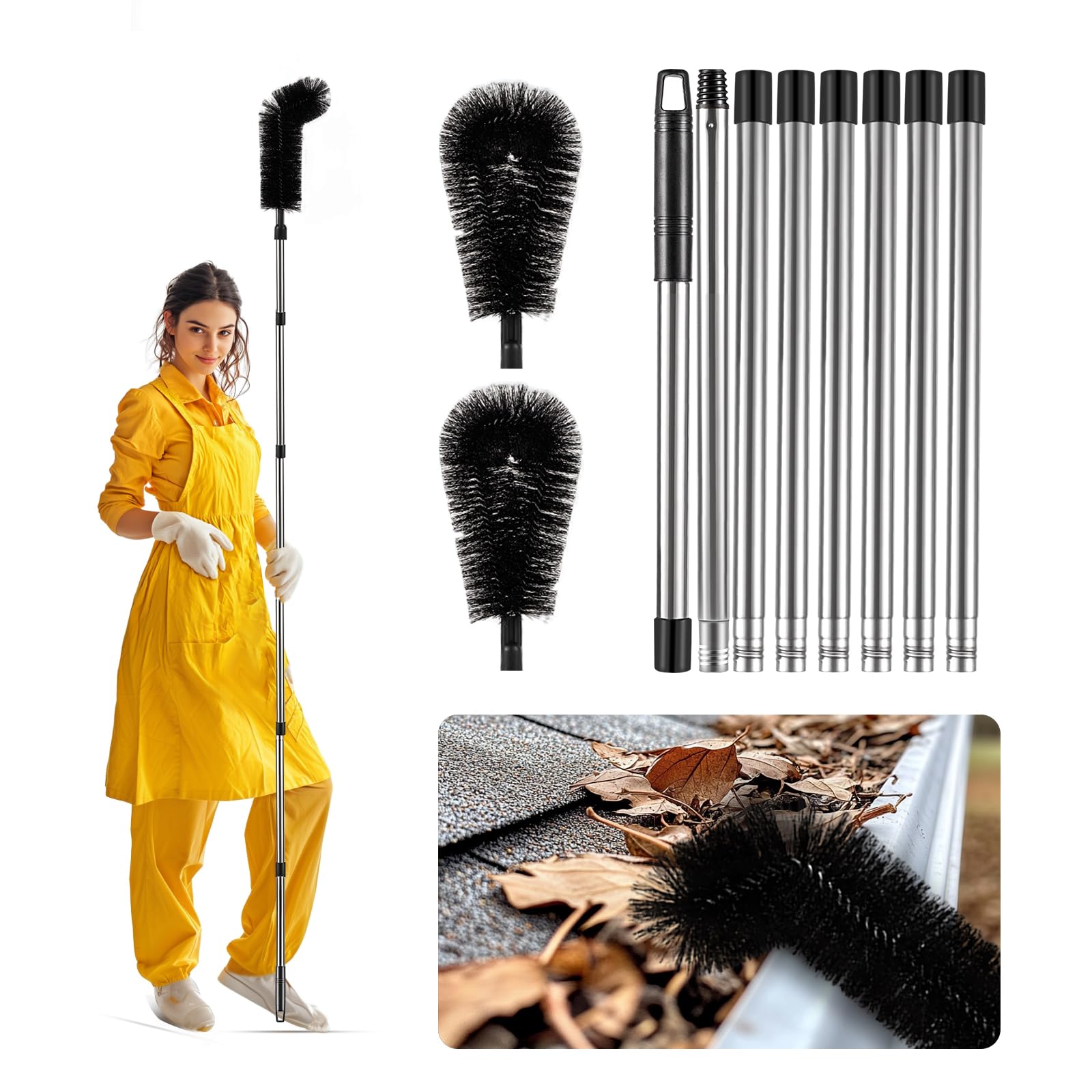 10.5 feet Gutter Cleaning Tools， Adjustable Length Gutter Cleaning Tools from The Ground， Gutter Cleaner for Removing Leaves and Debris from roof gutters（Black）