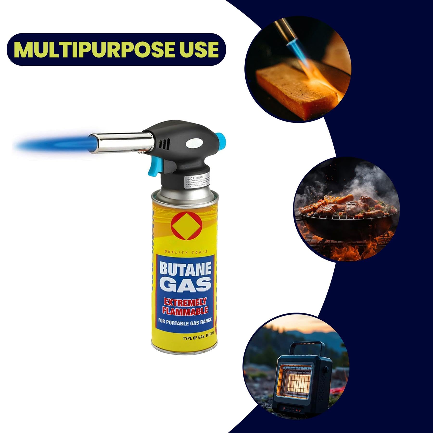 Dapetz ® Tête de chalumeau à gaz avec 8 brûleurs à gaz butane multifonctions pour soudure barbecue facile à utiliser PUSH'N Twist Cartouche de gaz en plastique et acier, taille 170 x 66 x 55 mm