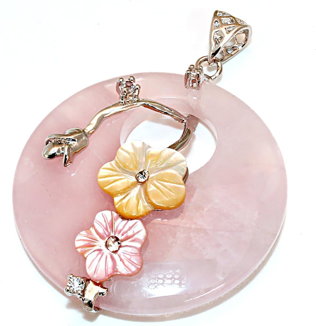 Genuine Rose Quartz Pendant with Shell Flower Accents with FREE Satin Cord