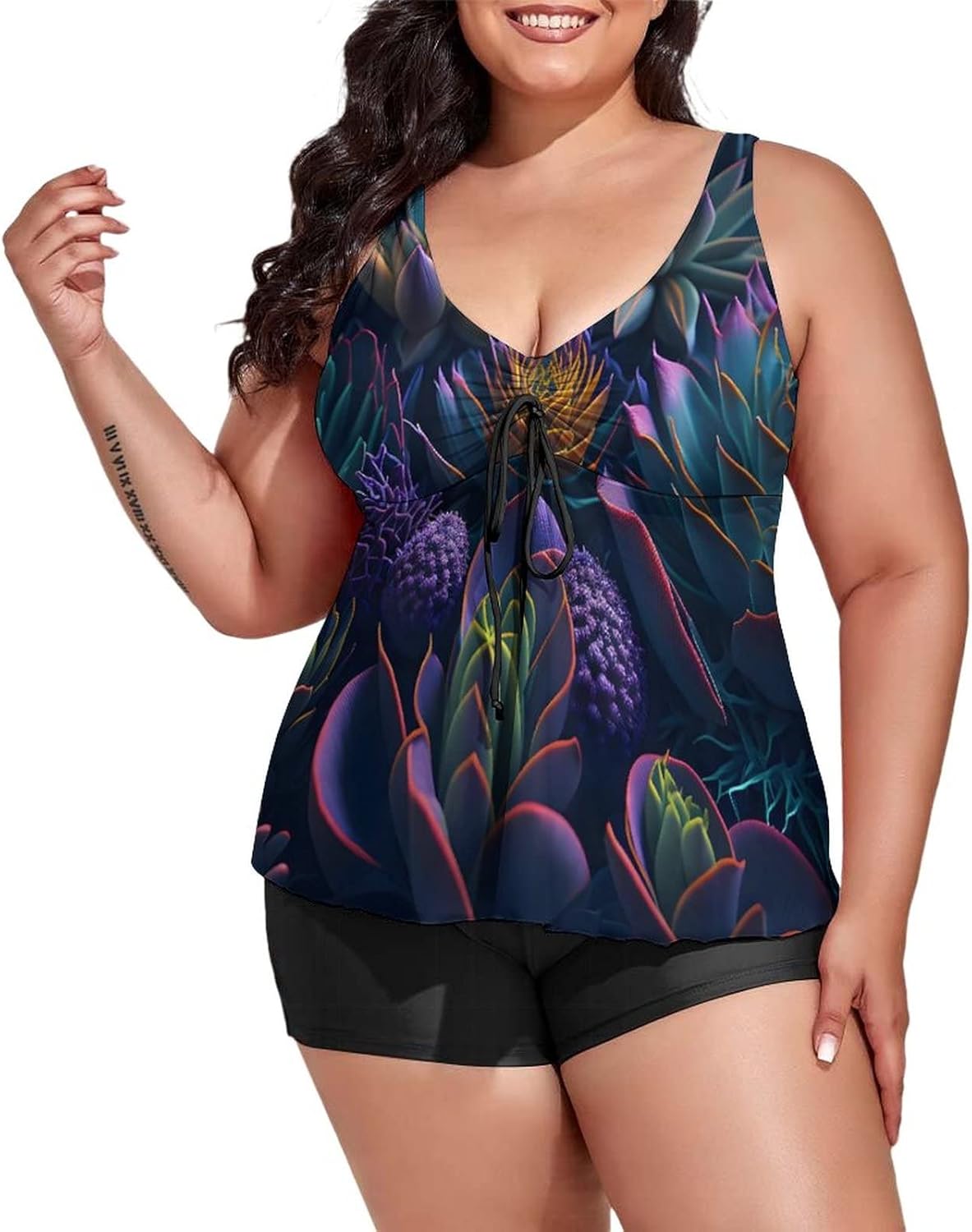 Plus Size Tankini Swimsuits for Women Succulents Plant Tankini Bathing Suit Tummy Control Swimdress Two Piece Spring Summer Flower Swimsuits with Boyshort