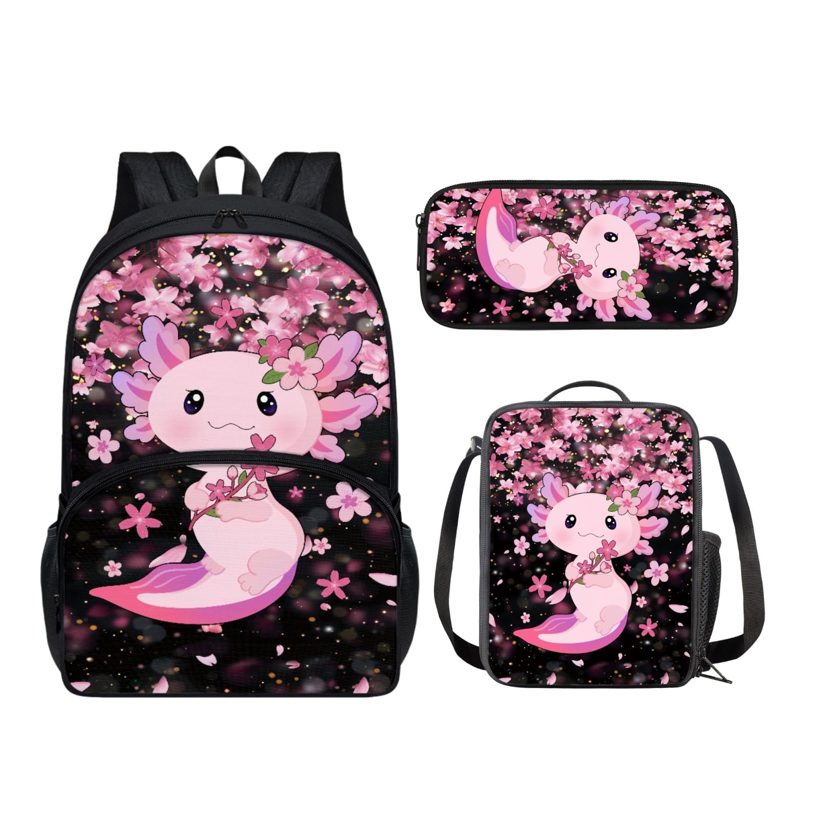 Yuuxorilu Axolotl Kids School Bag Set - 4PCS Backpack With Lunch Box, Pencil Case & Bottle Holder, Waterproof, Cute Prints