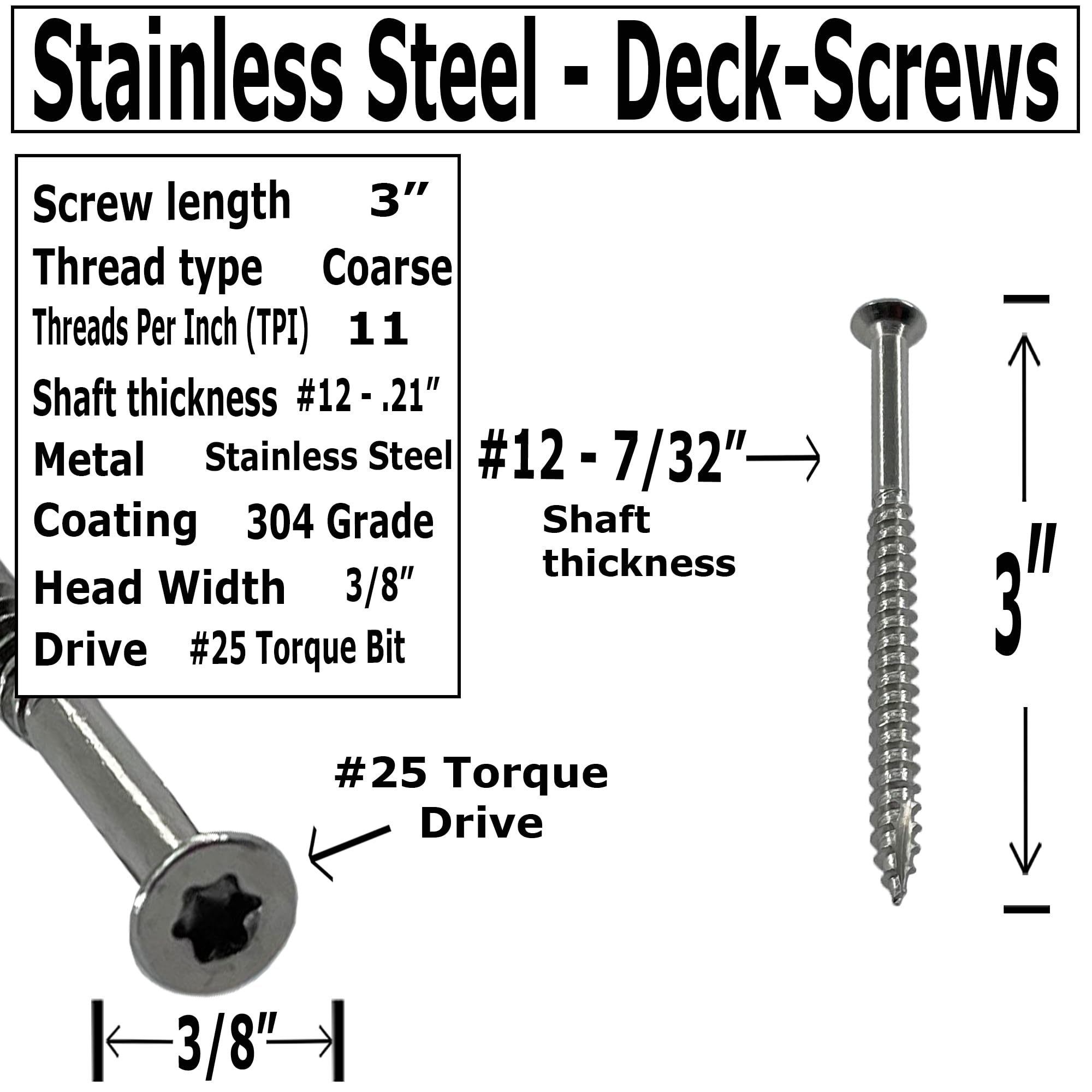 Resistente, acero inoxidable de grado 304, tornillos de madera de cubierta de 7.6 cm, a prueba de óxido, construcción exterior de cubiertas, vallas, destornillador Torx #25