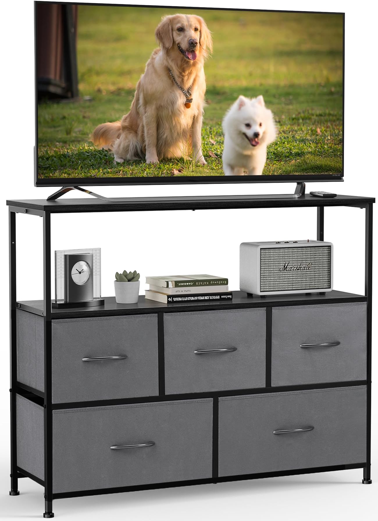 DUMOS TV Stand Dresser for Bedroom with 5 Fabric Drawer,Entertainment Center for 45 inch Television, Media Console Table with Storage, Open Shelf, Adjustable Feet, Living Room Furniture