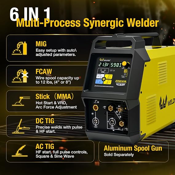 Weldpro Omni210 MIG Welder 200A Multi-Process Welder 110V/220V,Synergic MIG/Flux Core/Stick/Spool Gun/AC/DC HF TIG with Pulse,6-in-1 Frequency Control Welding Machine with Standard TIG Torch,VRD