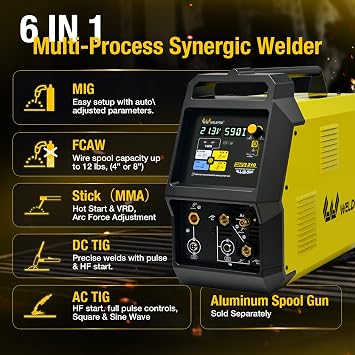 Weldpro Omni210 MIG Welder 200A Multi-Process Welder 110V/220V,Synergic MIG/Flux Core/Stick/Spool Gun/AC/DC HF TIG with Pulse,6-in-1 Frequency Control Welding Machine with Standard TIG Torch,VRD