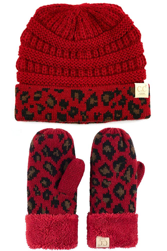 ScarvesMe 2pc Children Kid Toddler Leopard Animal Print Winter Warm Soft Stretch Cable Knit Beanie and Gloves Set