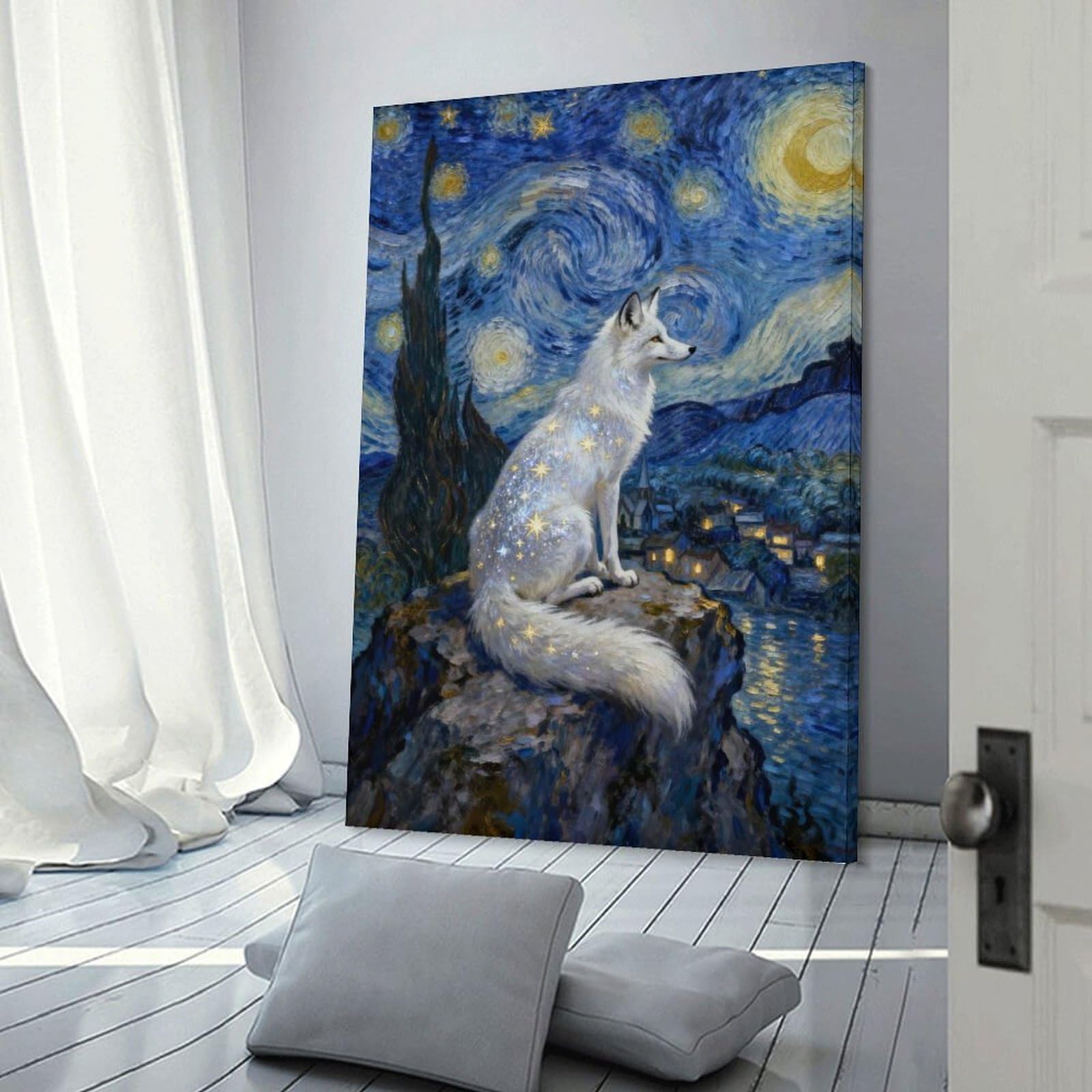 Junmoney Starry Night Fox Hanging Wall Art, 12x18inch(30x45cm), for Gallery Wall Decor And Room Displays, Home Wall Art for Statement Displays