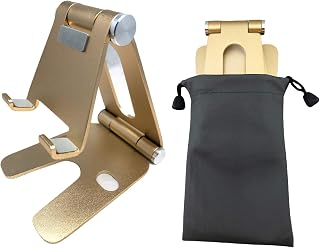Cell Phone Tablet Fully Foldable Stand Dock Holder Cradle Mount Organizer Charger Station Table Desk Bed Office School Kitchen Travel Portable Adjustable Multi-Angle Aluminum (Gold)