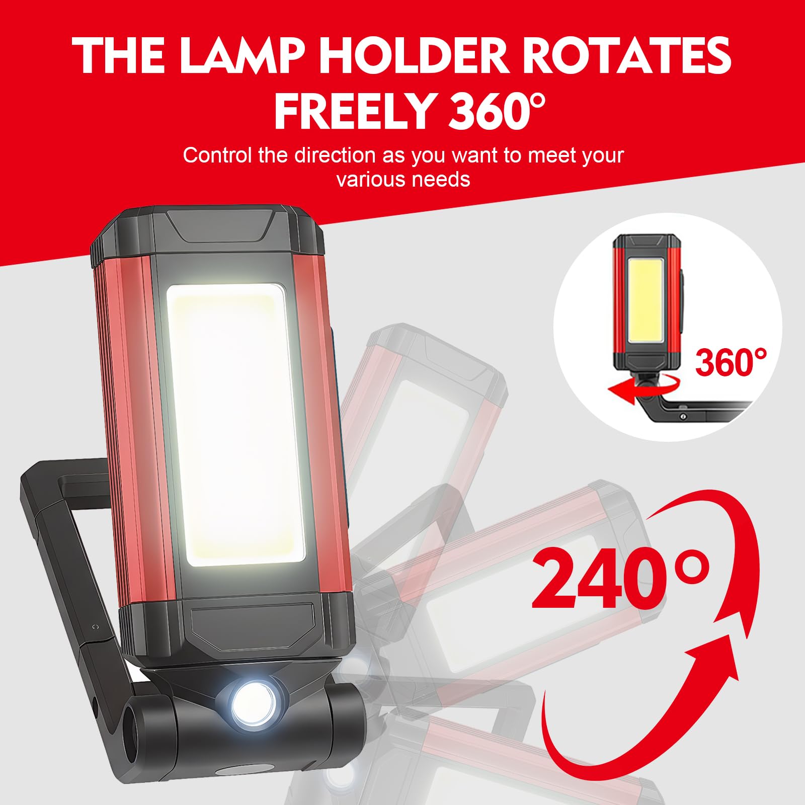 Lampada da Lavoro LED Ricaricabile, Lampada da Officina con Base Magnetica e Supporto Girevole 360°, 7 Modalità di Illuminazione, Torcia Portatile Impermeabile IPX6 per Auto, Officina e Campeggio