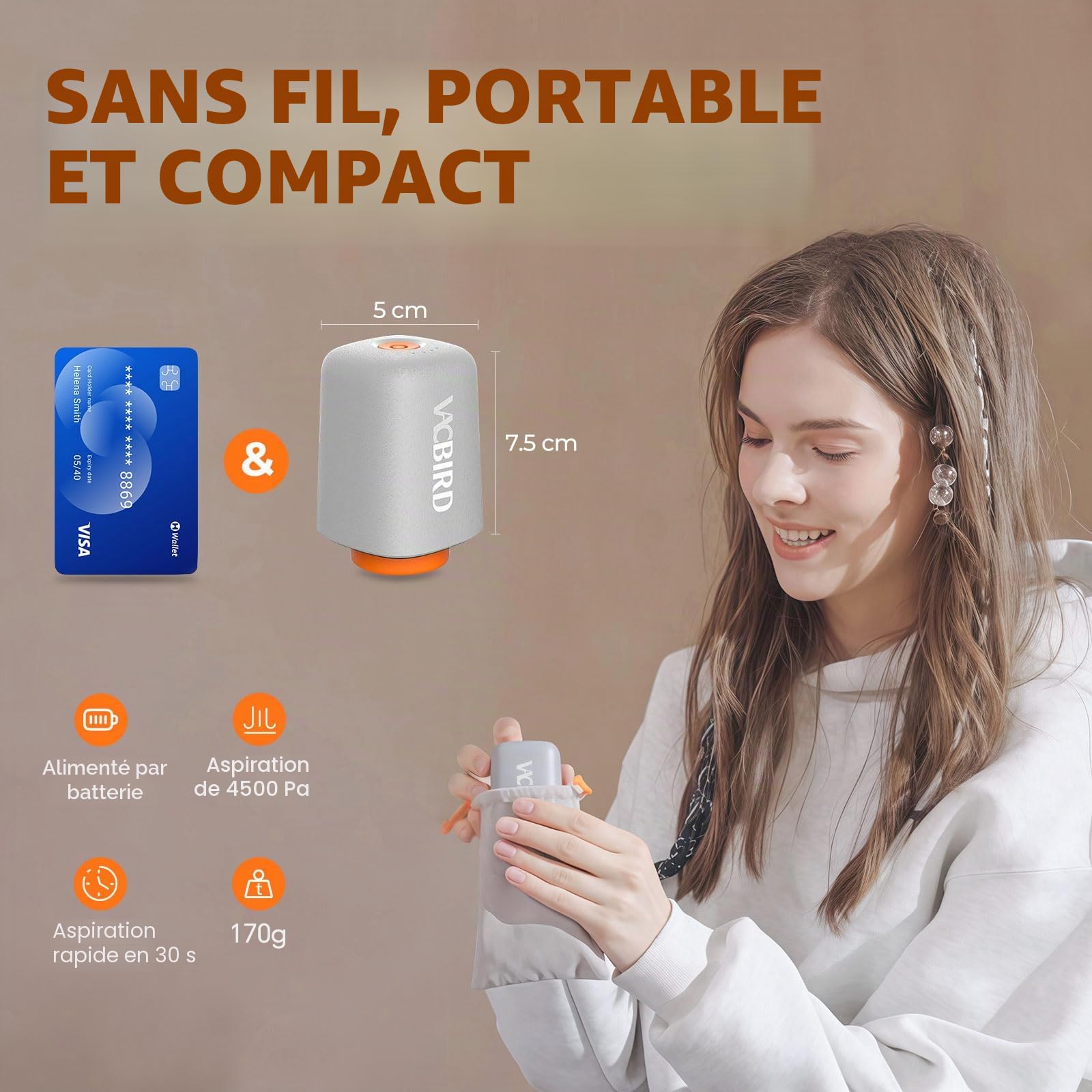 Vacbird -4500Pa Pompe Sous Vide de Voyage Sans Fil, Ultra-Légère et Compacte pour Sac Sous Vide Vetement Aspirateur, Aspiration Puissante, Idéal pour Gagner de la Place