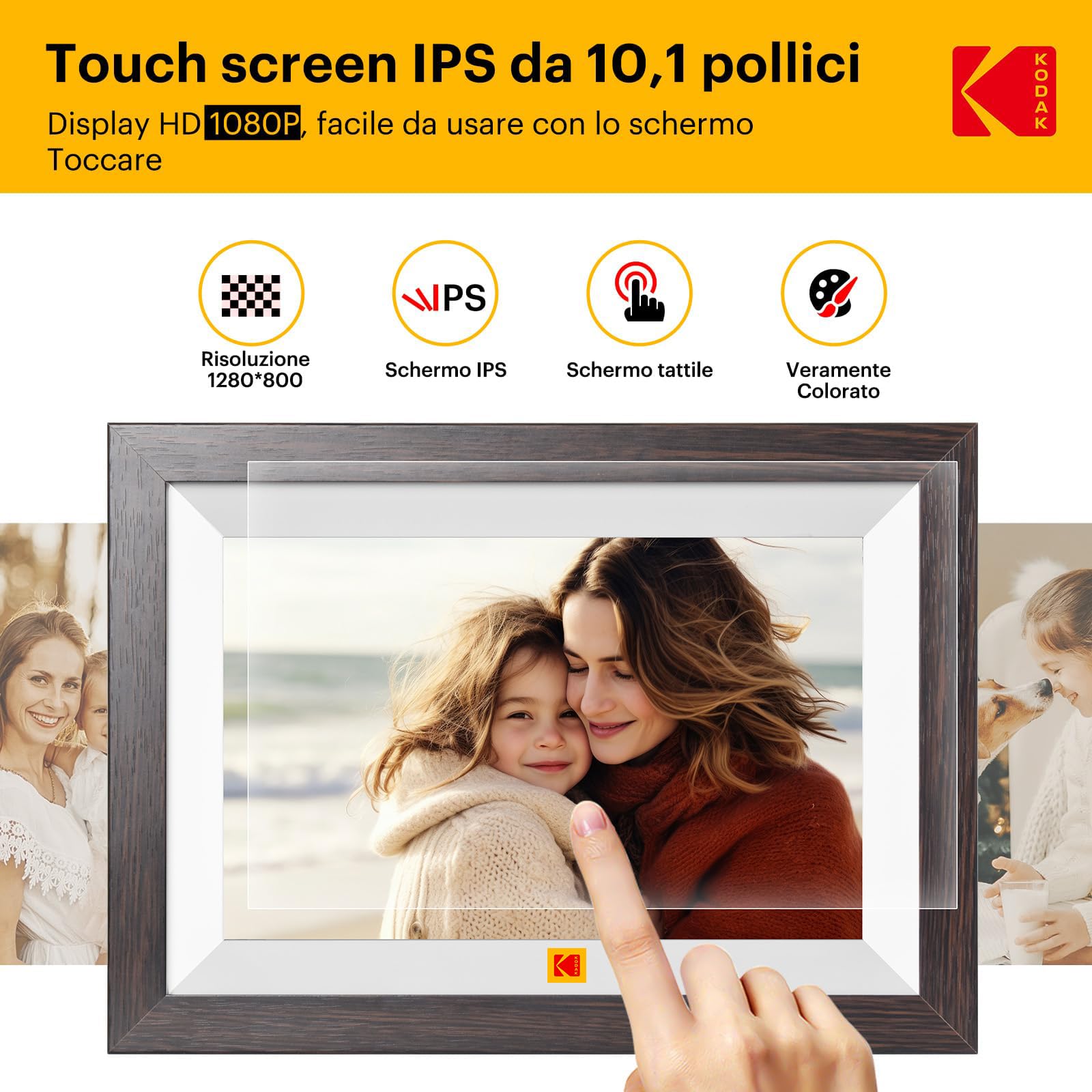 KODAK Cornice Digitale WIFI 10,1 Pollici，Cornice Foto Digitale con Schermo Touch IPS 1280 * 800 e 32GB di Memoria，Cornice Elettronica per Micro SD Card/USB, Rotazione Automatica