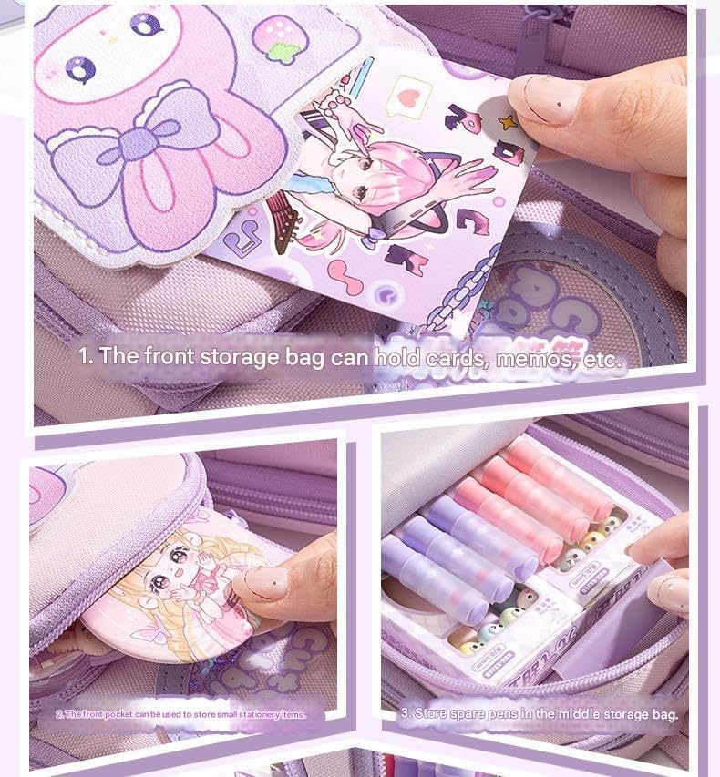 Image of Three Layer School Bag-Shaped Pencil Pouch, Large-Capacity Pencil Pouch with Zipper, Multipurpose Pen & Pencil Case for School Supplies for Boys & Girls (Pack of 1) (Creamy Bear)