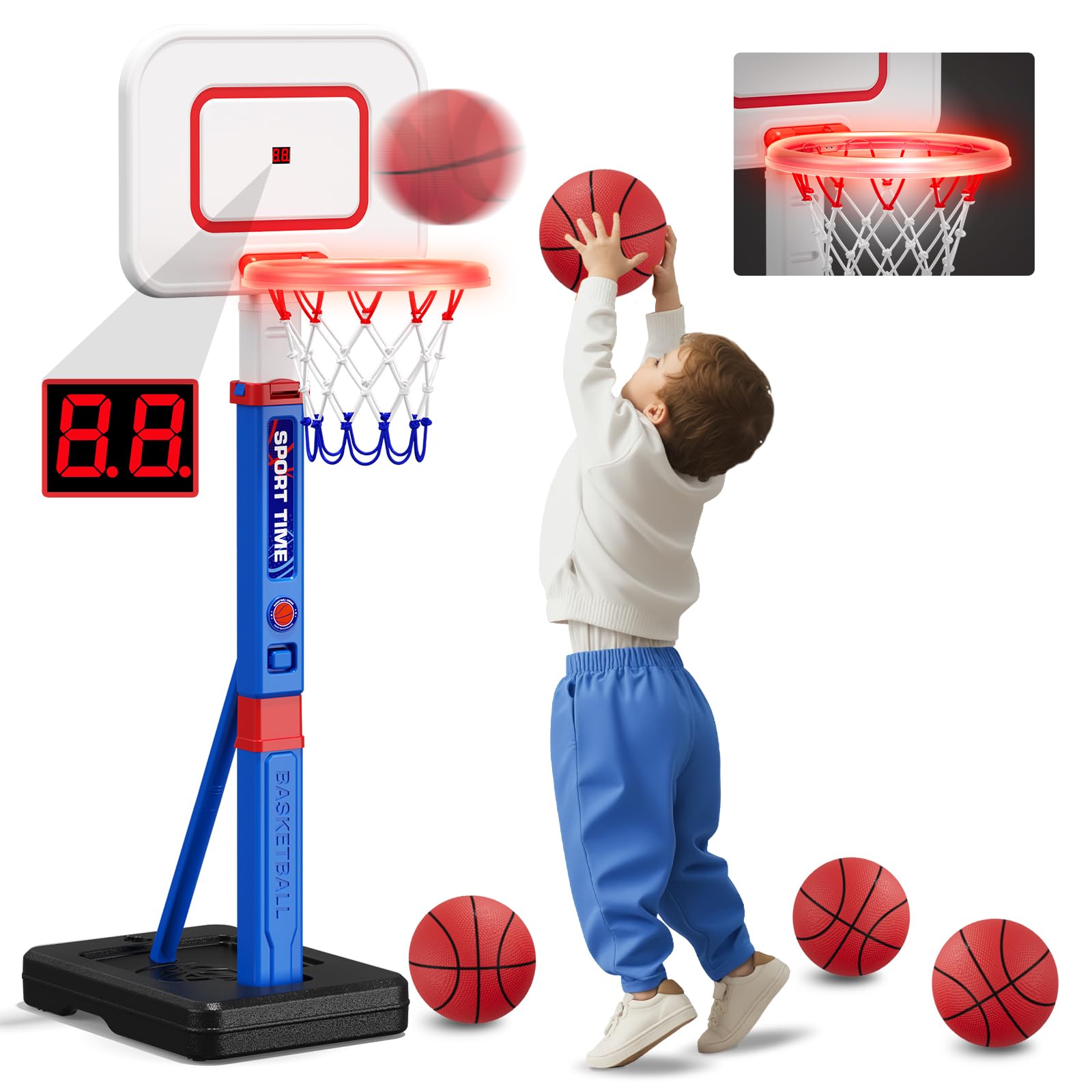HYES Toddler Basketball Hoop with Scoreboard/LED Basketball Rim/4 Balls, 55" Height Adjustable Basketball Hoop for Kids 3-5, Indoor Outdoor Sport Toys Birthday Gifts for Baby Boys Girls