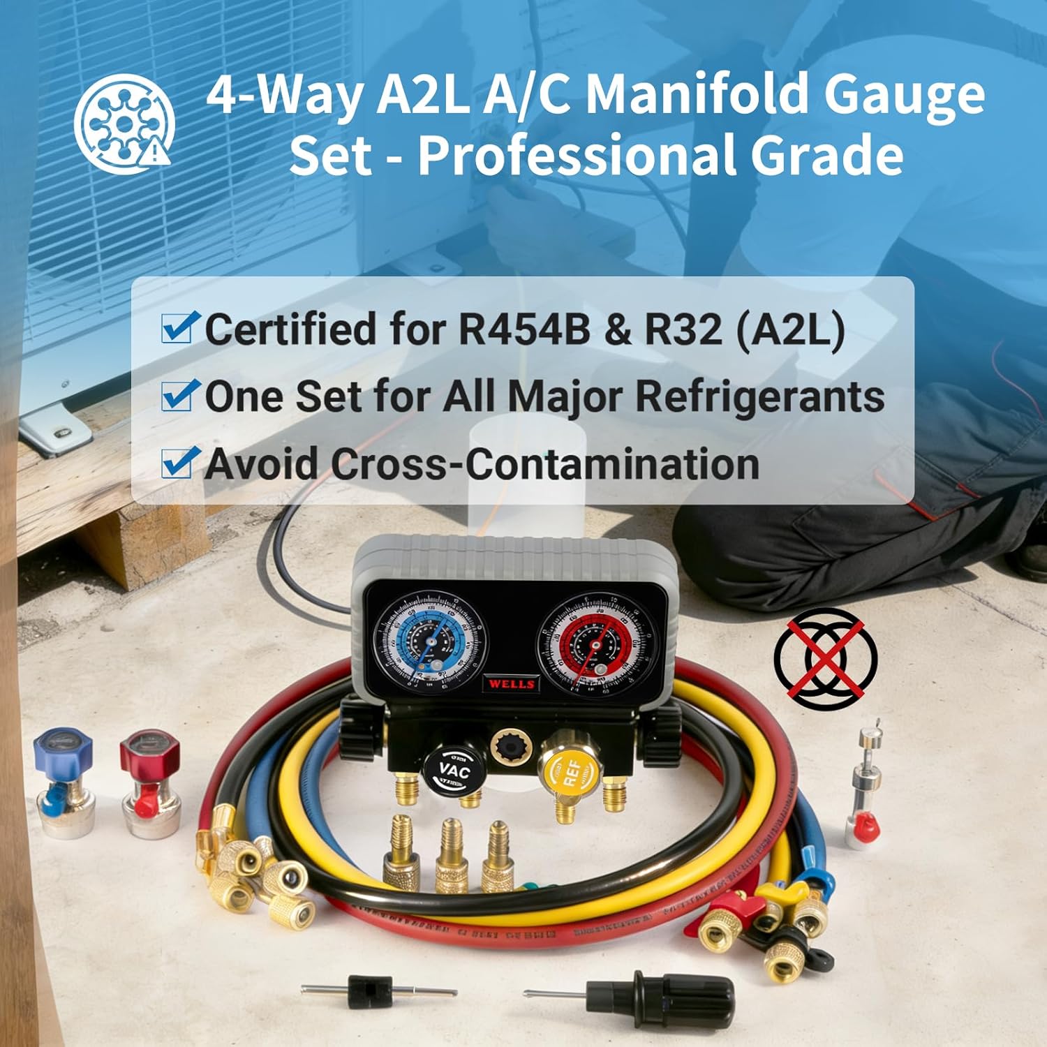 Wells 4-Way A2L AC Manifold Gauge Set for R454B R32 R410A R134a Professional HVAC Gauge Set with A2L 5ft Hoses Couplers Puncture Can Tap Works on Car Freon Charging and Evacuation