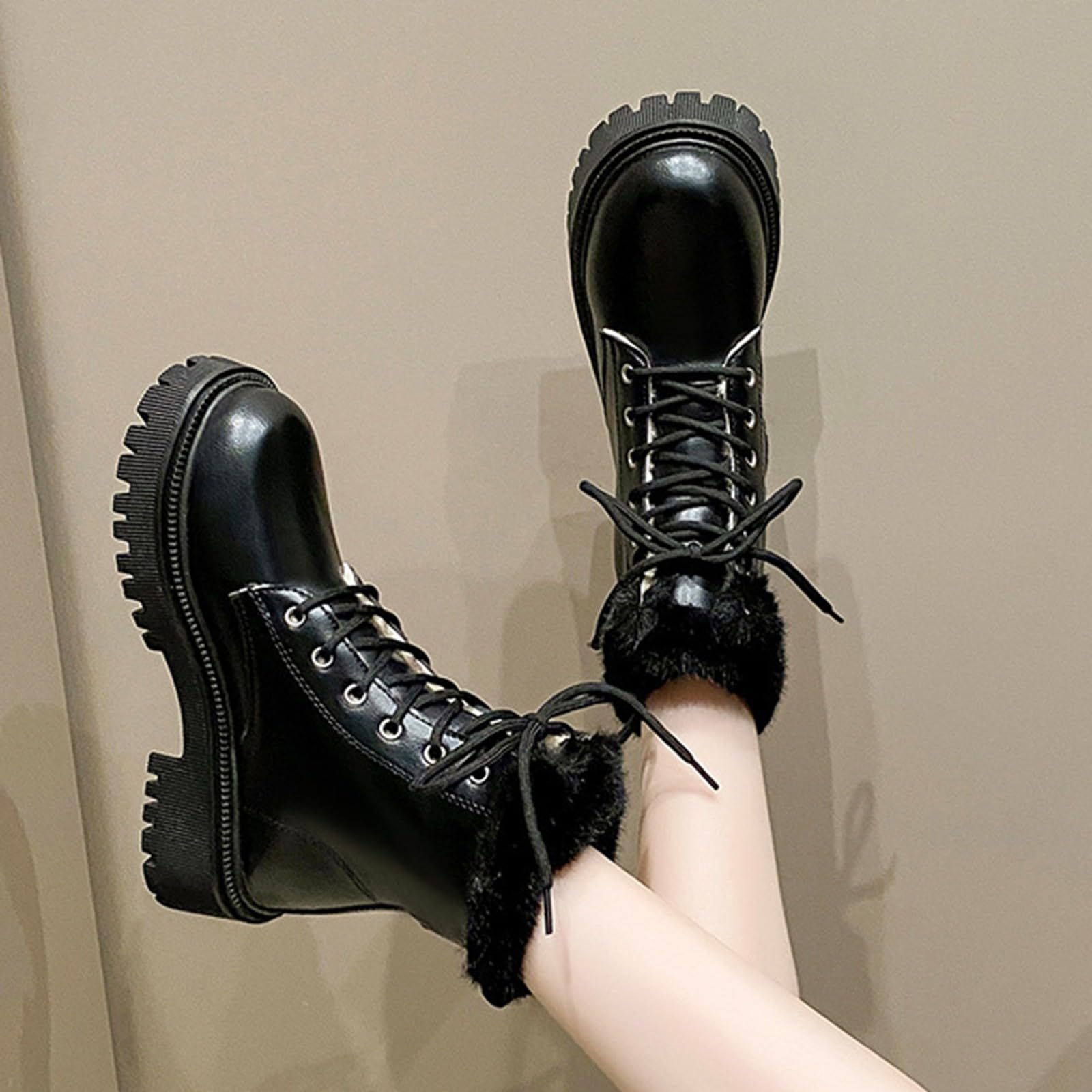 Botas de invierno para mujer, de piel, con cordones, forradas, botas de