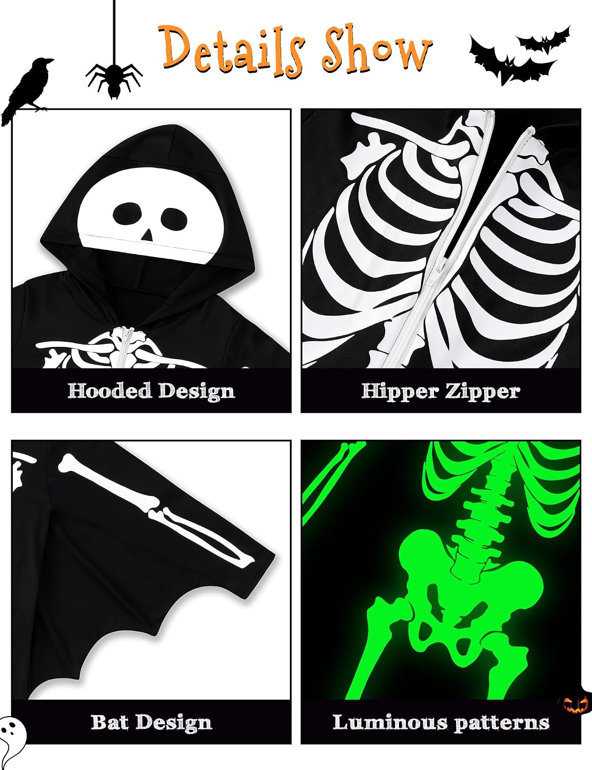 Kids Halloween Skeleton Costume Toddler Glow in The Dark Hooded Skull Bat Jumpsuit Baby Boys Girls 3-10Y