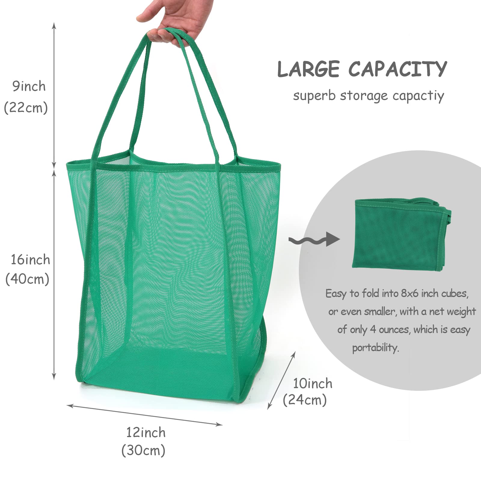 Bolsa de playa de malla para juguetes de arena para niños y mujeres, plegable, ligera, duradera, al aire libre, compras, viajes, natación, Turquesa, Talla única 3