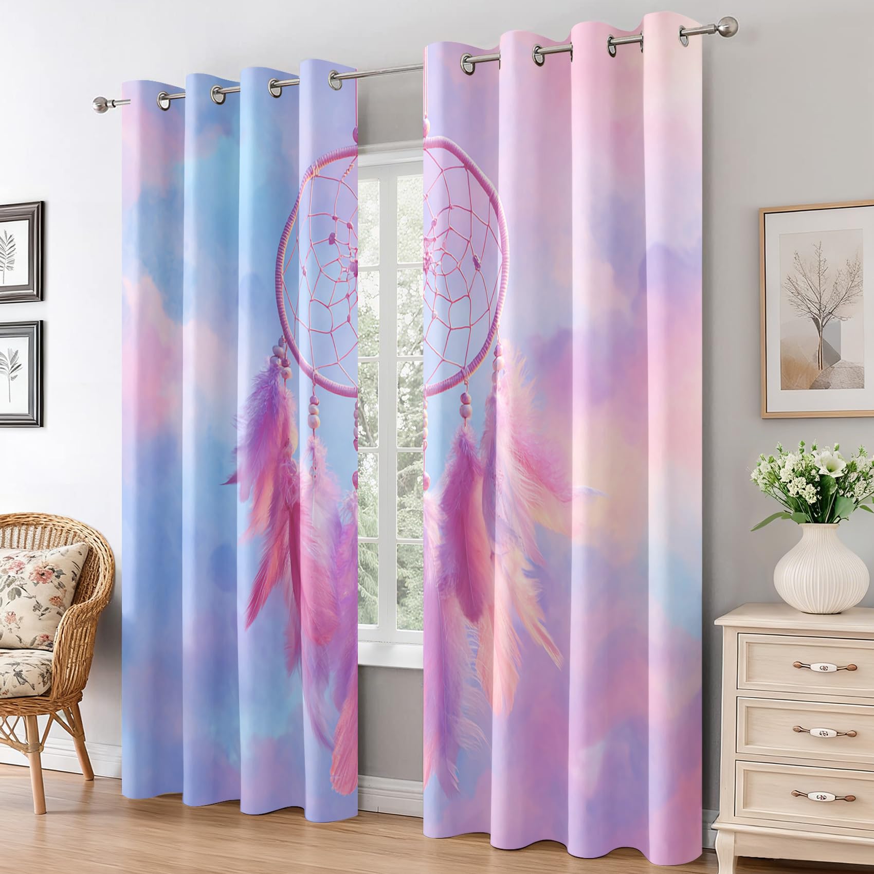 Generisch Blickdichte Vorhänge Traumfänger, Wohnzimmer Schlafzimmer Deko, Traumfänger Rosa Gardinen mit Ösen, Thermo Verdunklungsvorhänge 2er Set H175 x B140 cm pw&28
