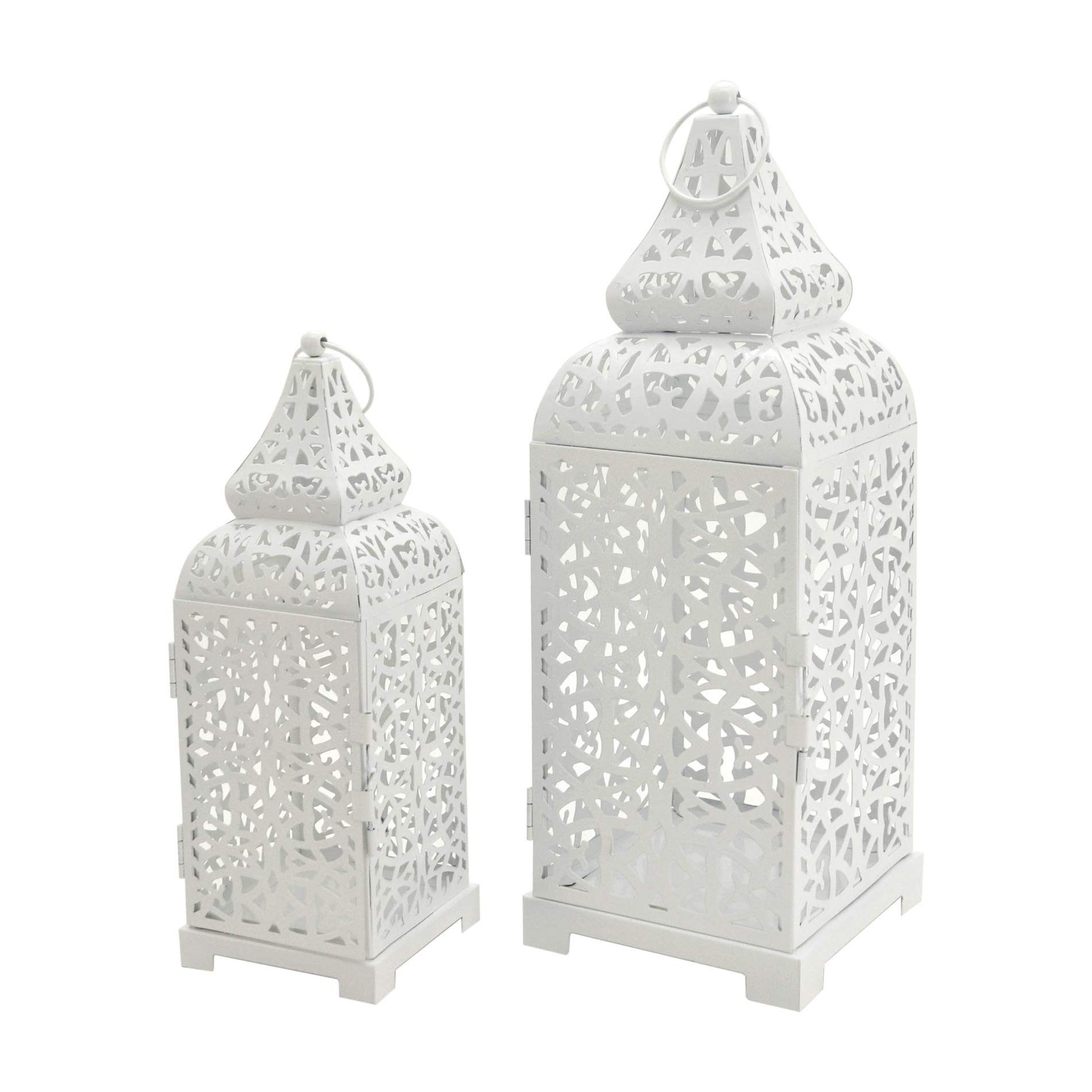 Rebecca Mobili 2 Juego Linternas Portavelas de Metal Etnico, Blanco Brillante, para Velas Flores, Salón Jardín - Medidas: 39 x 14,5 x 14,5 cm (A x AN x FON) - Art. RE6551