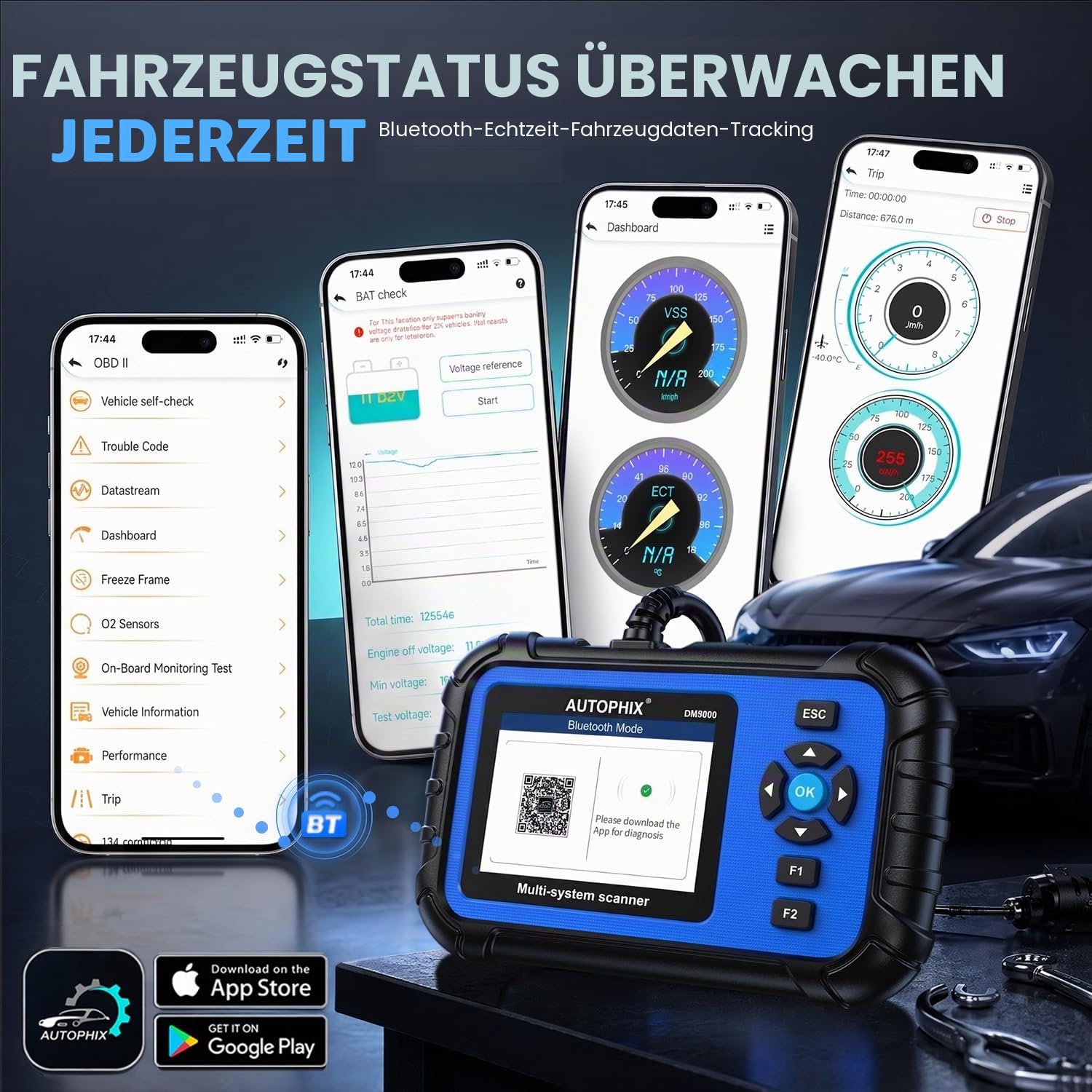 AUTOPHIX 4 Systeme Auto Diagnosegerät für ABS, SRS, Getriebe & Motor, 3 in 1 Bluetooth OBD2 Scanner, 12V Autobatterietester, KFZ Diagnosegerät mit Voller OBD2 Funktion