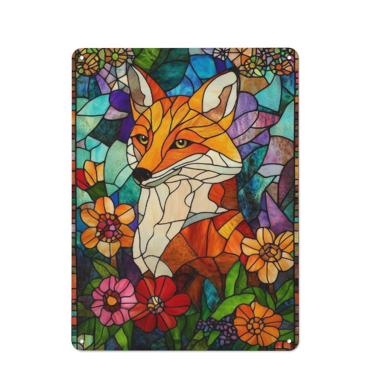 Junmoney Stained Glass Fox Rustic Metal Sign 40X30cm For Lounge Or Reading Corner, For Reading Corner Decorators